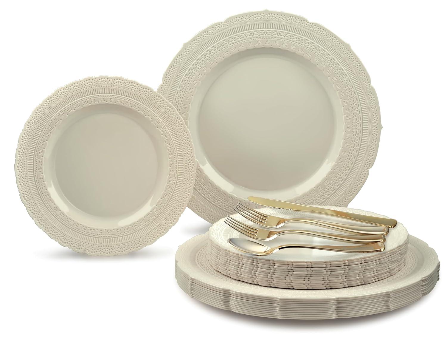 OCCASIONS 720 Pcs set(120 guest) - Extra Heavyweight Vintage Wedding Party Disposable Plastic Plates + Silverware (Double Fork) (Chateau in Ivory, Gold Silverware)