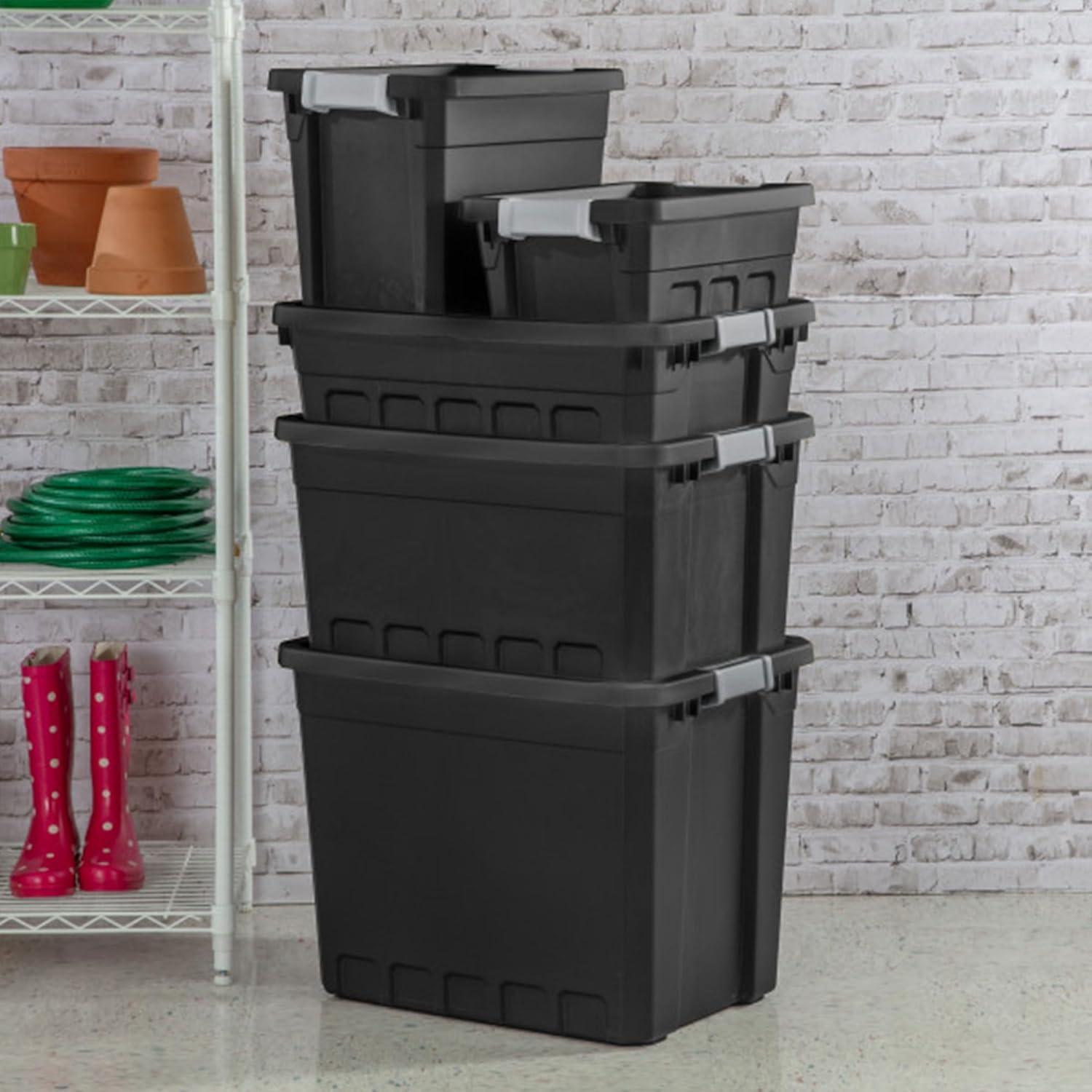 Sterilite 19 Gallon Plastic Stacker Tote, Heavy Duty Lidded Storage Bin Container for Stackable Garage and Basement Organization, Black, 12-Pack