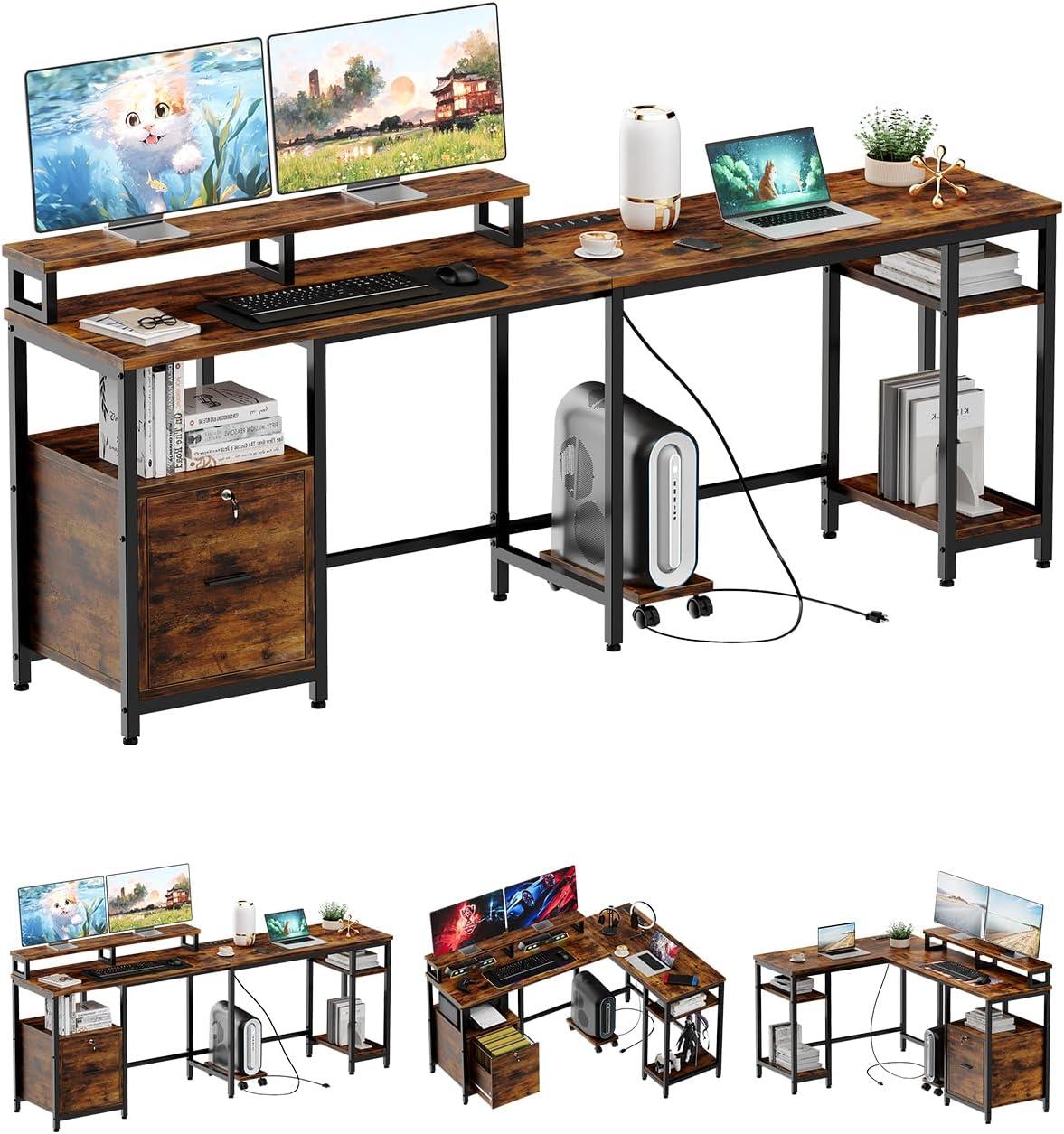 FOLDLIFE 67" L-Shaped Computer Desk with Power Outlet, File Drawer, Monitor Stands, and Adjustable Shelves for Home Office and Gaming,Brown