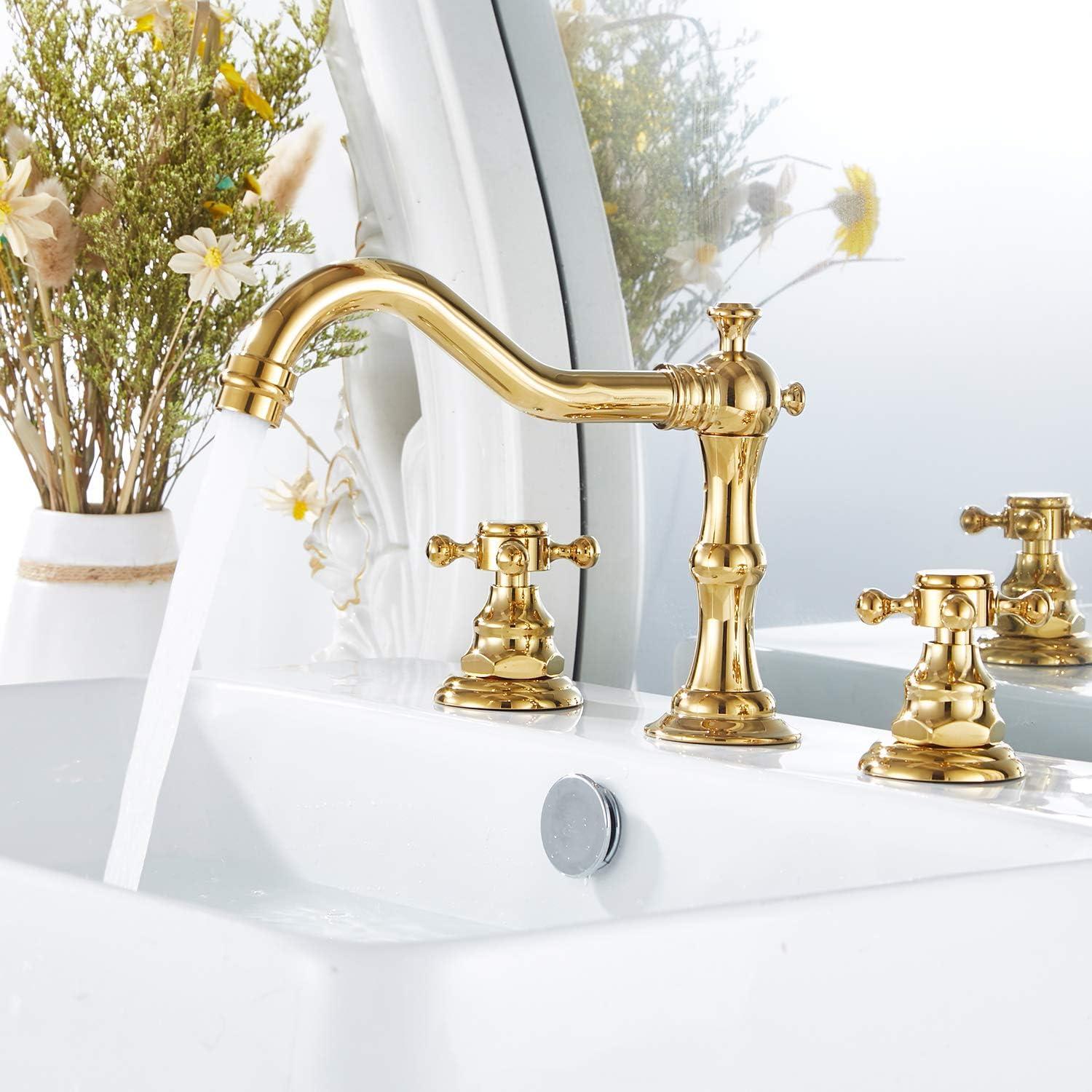 GGStudy 8-16 inch Two Handles 3 Holes Widespread Bathroom Sink Faucet Gold Basin Mixer Tap Faucet Matching Metal Pop Up Drain with Overflow