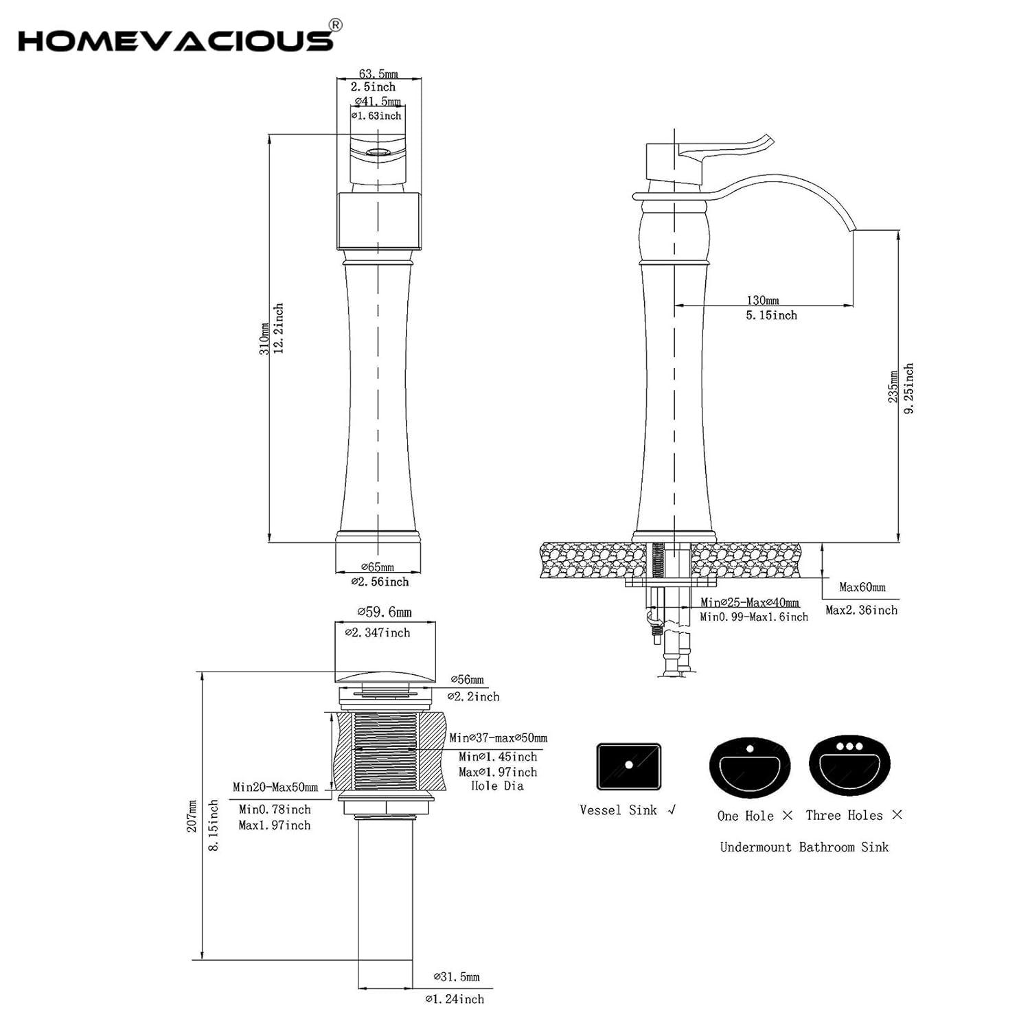 Homevacious Bathroom Vessel Sink Faucet Waterfall,Matte Black Bathroom Faucet Single Handle,Single Hole Bowl Vanity Sink Faucet,with Pop Up Drain and Supply Lines,Commercial Lavatory Mixer Tap