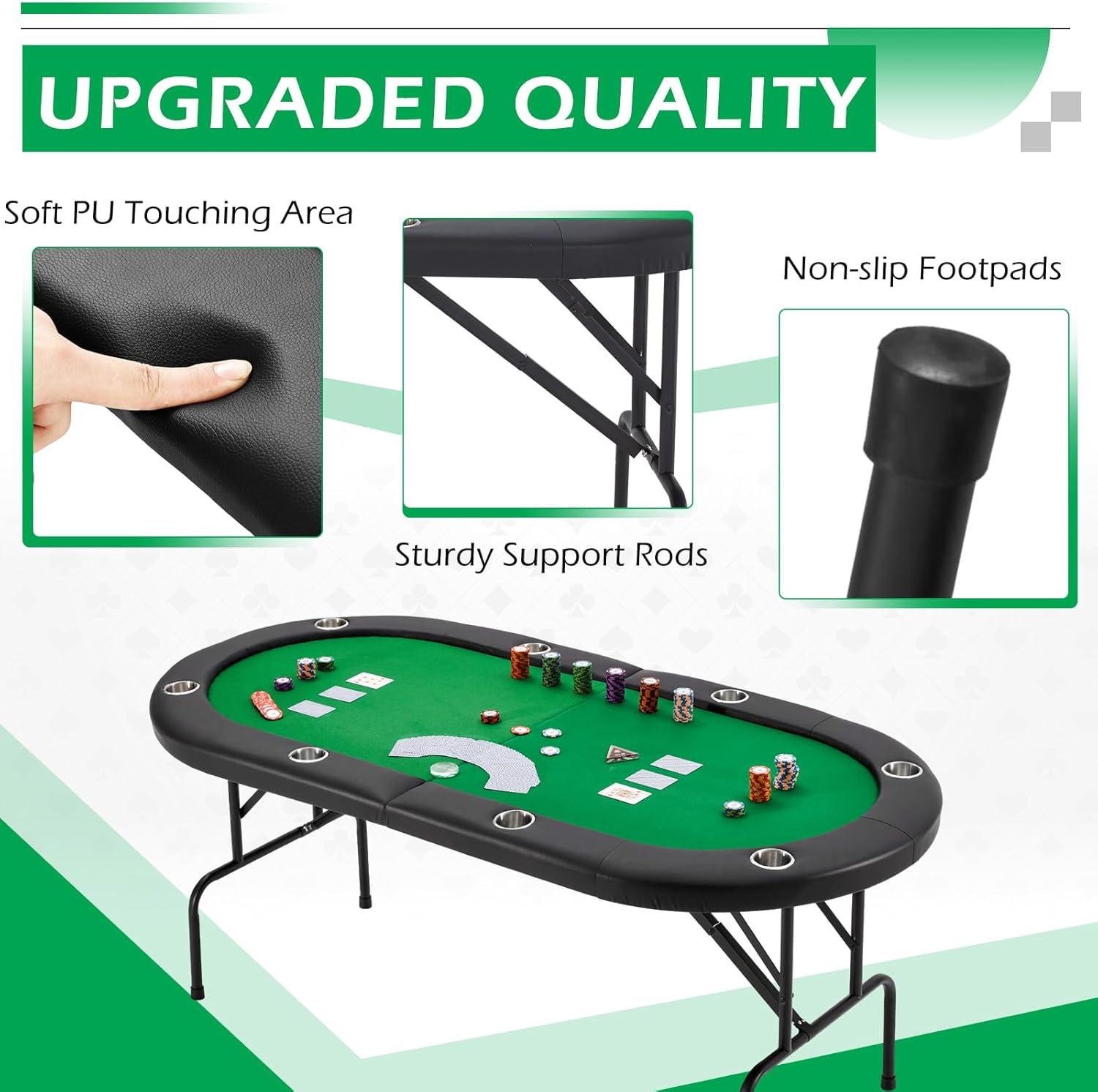 Folding Poker Table for 8 Players, Card Table with Cup Holder, Casino Leisure Table with Green Felt Surface for Blackjack Board Games