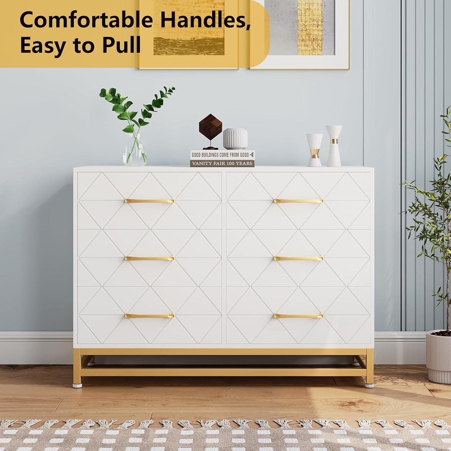 Jojoka Dresser for Bedroom with 6 Drawer, TV Stand Wood Dressers Chest of Drawers with Wide Drawers and Metal Handles for Living Room Hallway Entryway, White