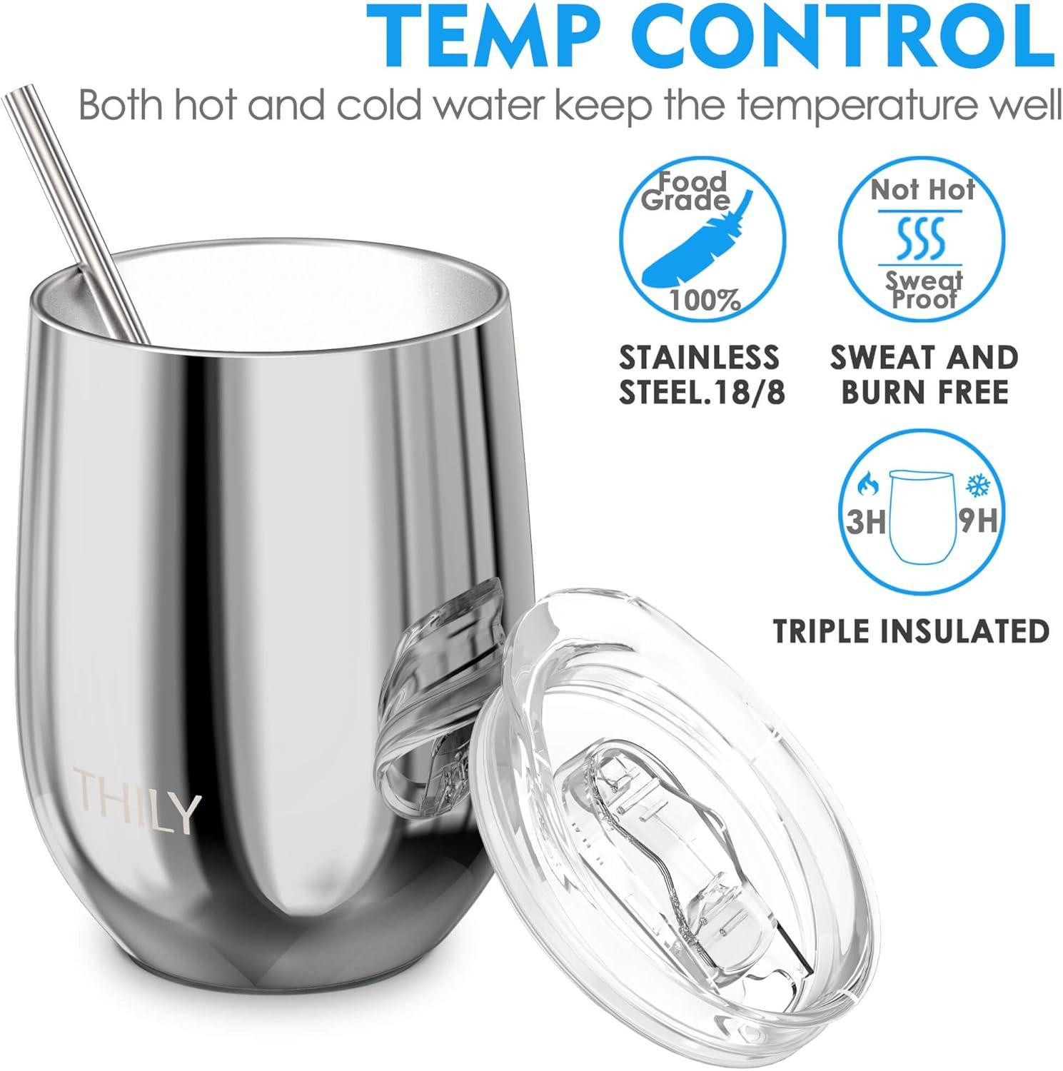 Vacuum Insulated Stemless Wine Tumbler - THILY 4 Pack Stainless Steel Wine Glass with Lid and Straw, Keep Cold or Hot for Coffee, Cocktails, Christmas Birthday Gift, Mirror Silver