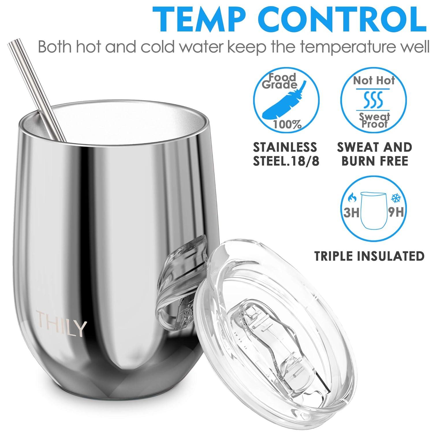 Vacuum Insulated Stemless Wine Tumbler - THILY 4 Pack Stainless Steel Wine Glass with Lid and Straw, Keep Cold or Hot for Coffee, Cocktails, Christmas Birthday Gift, Mirror Silver