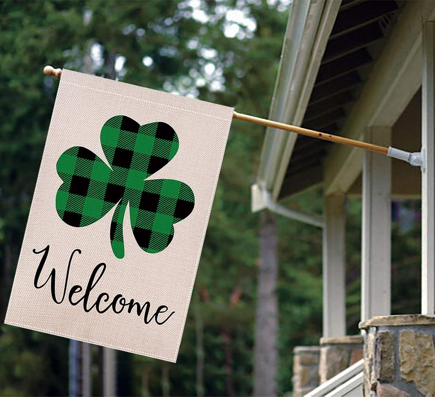 Shamrocks St. Patrick's Day Burlap House Flag Welcome 28" x 40" Briarwood Lane