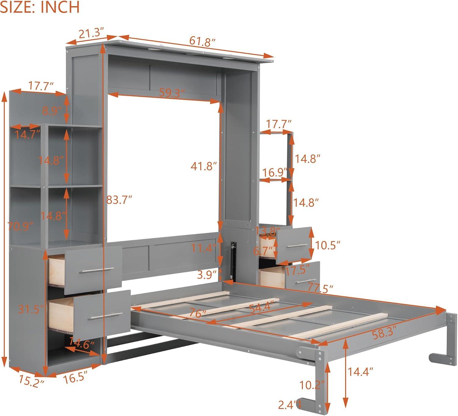 Gray Full Murphy Bed with Storage Shelves and Drawers