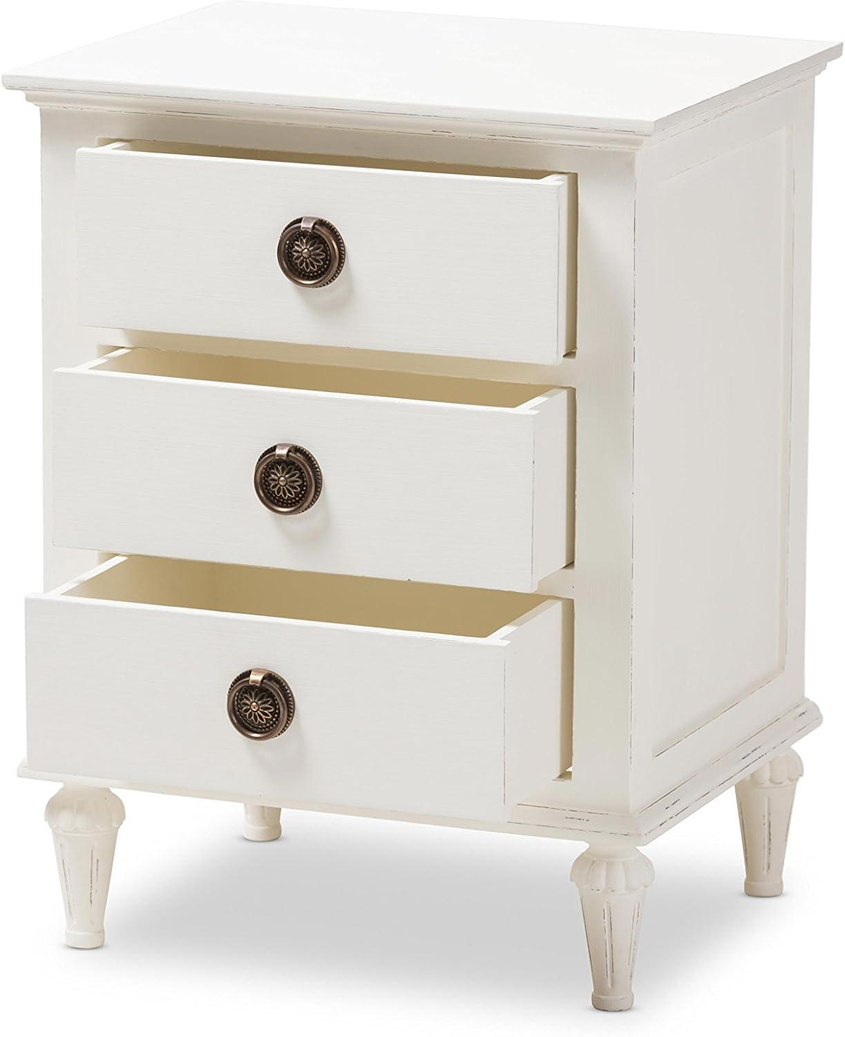 Whitewashed Mindi Wood 3-Drawer Nightstand with Bronze Hardware