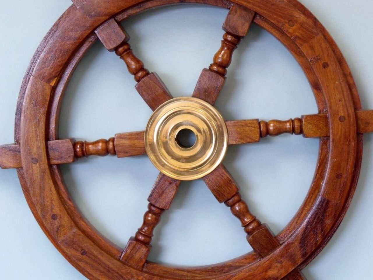 Deluxe Lacquered Wood and Brass Nautical Ship Wheel 18"