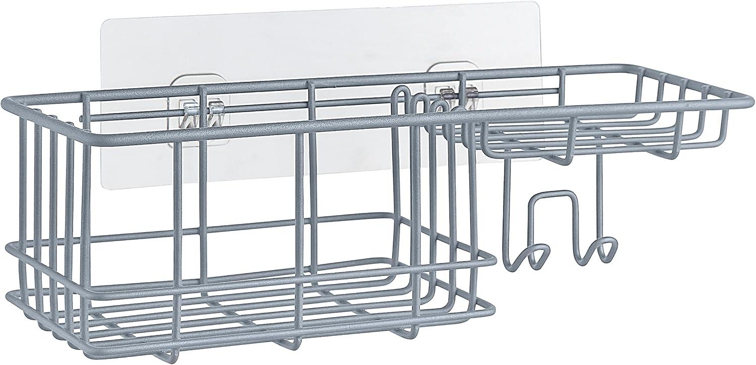 Grey Metal Wall Mounted Shower Caddy with Hooks