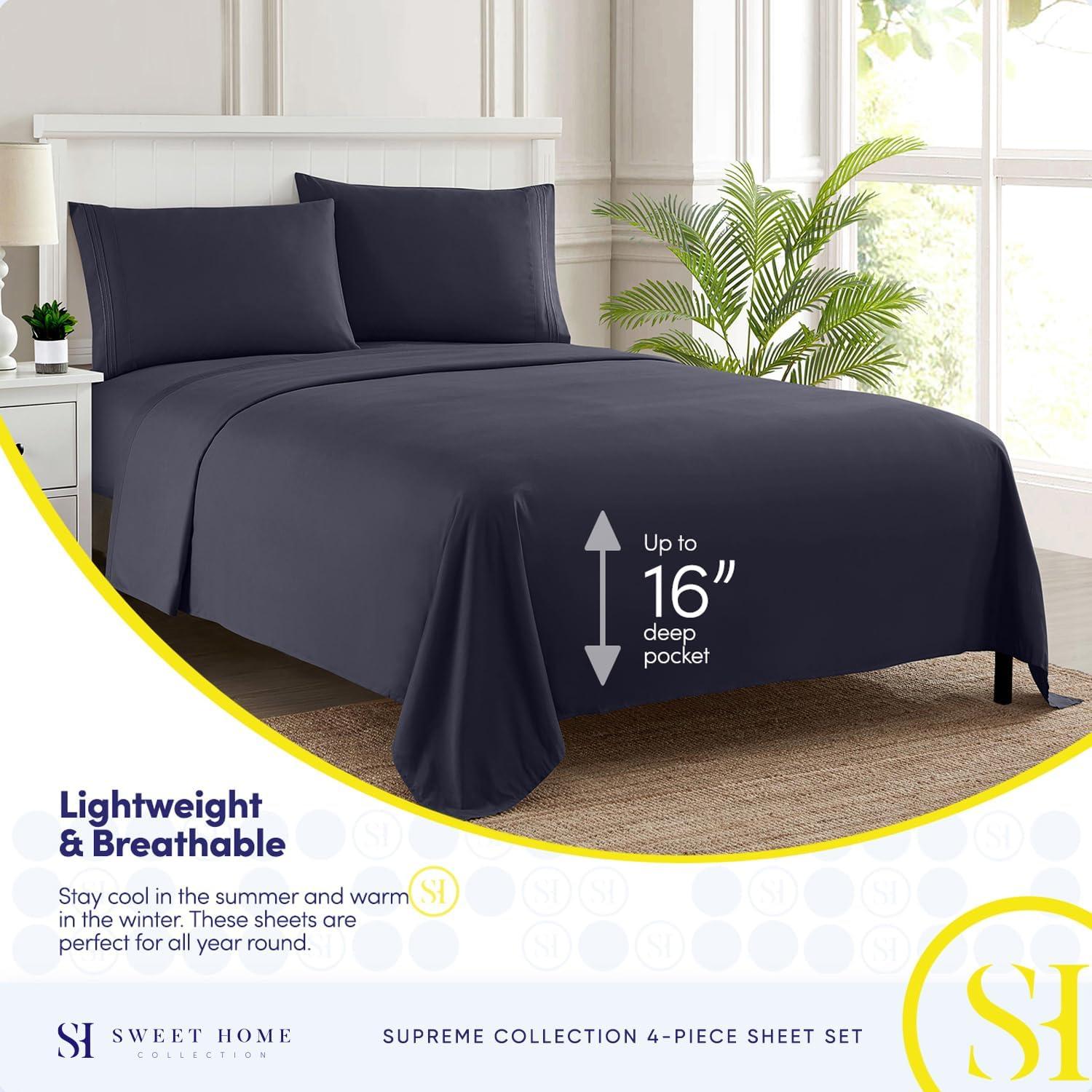 Sweet Home Collection 1800 Series Bed Sheets - Extra Soft Microfiber Deep Pocket Sheet Set - Navy, Queen