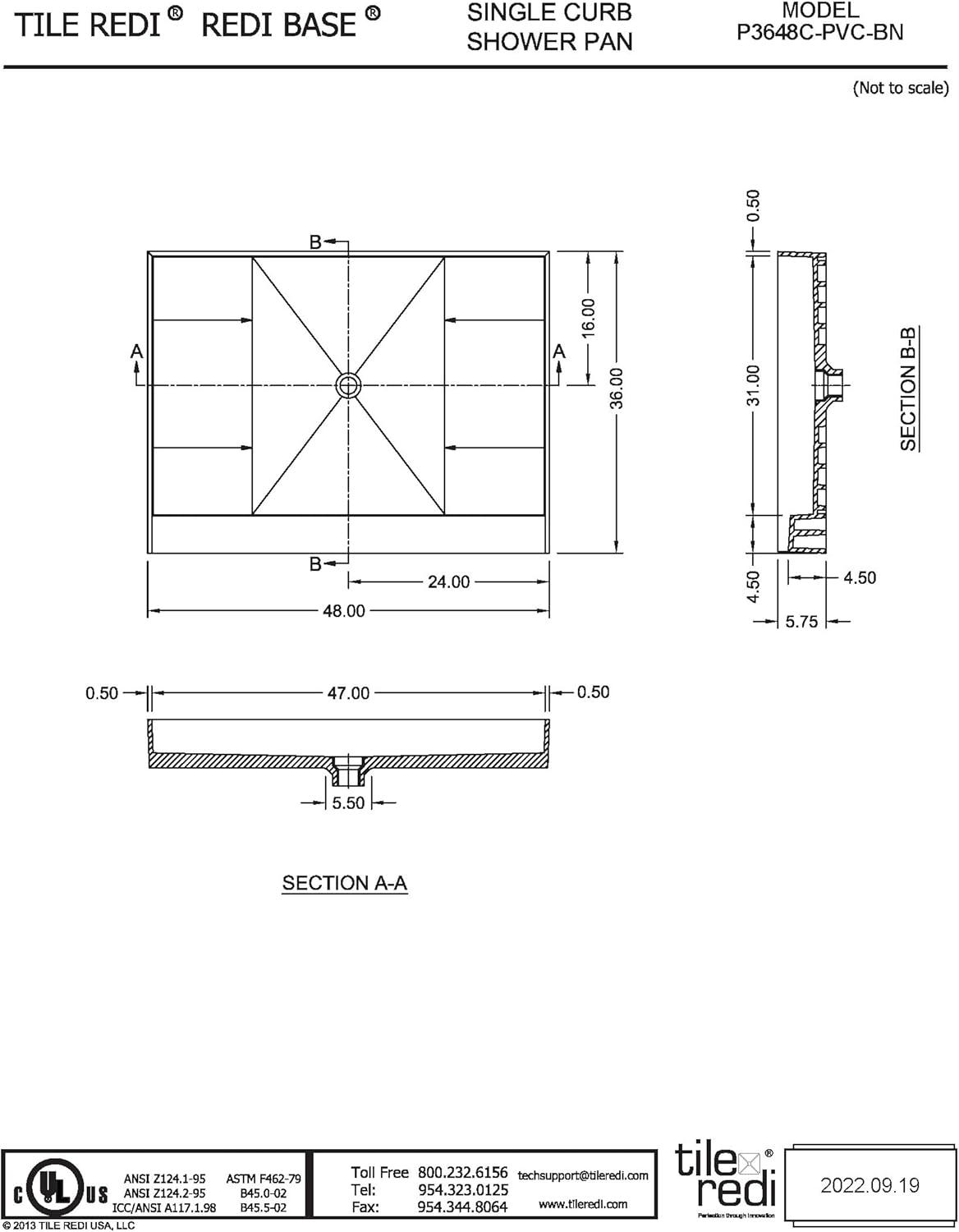 Tile Redi P3648c-Pvc Redi Base 48" X 36" Rectangular Shower Base - Nickel