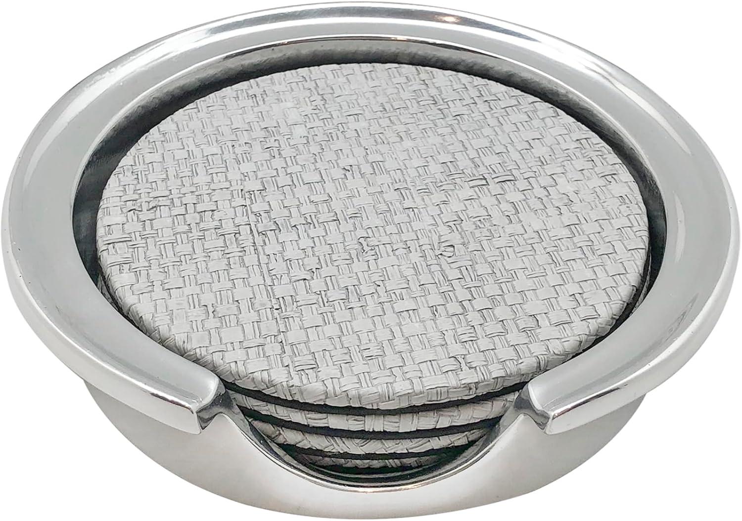 Pale Gray Faux Grasscloth Coaster Set with Holder