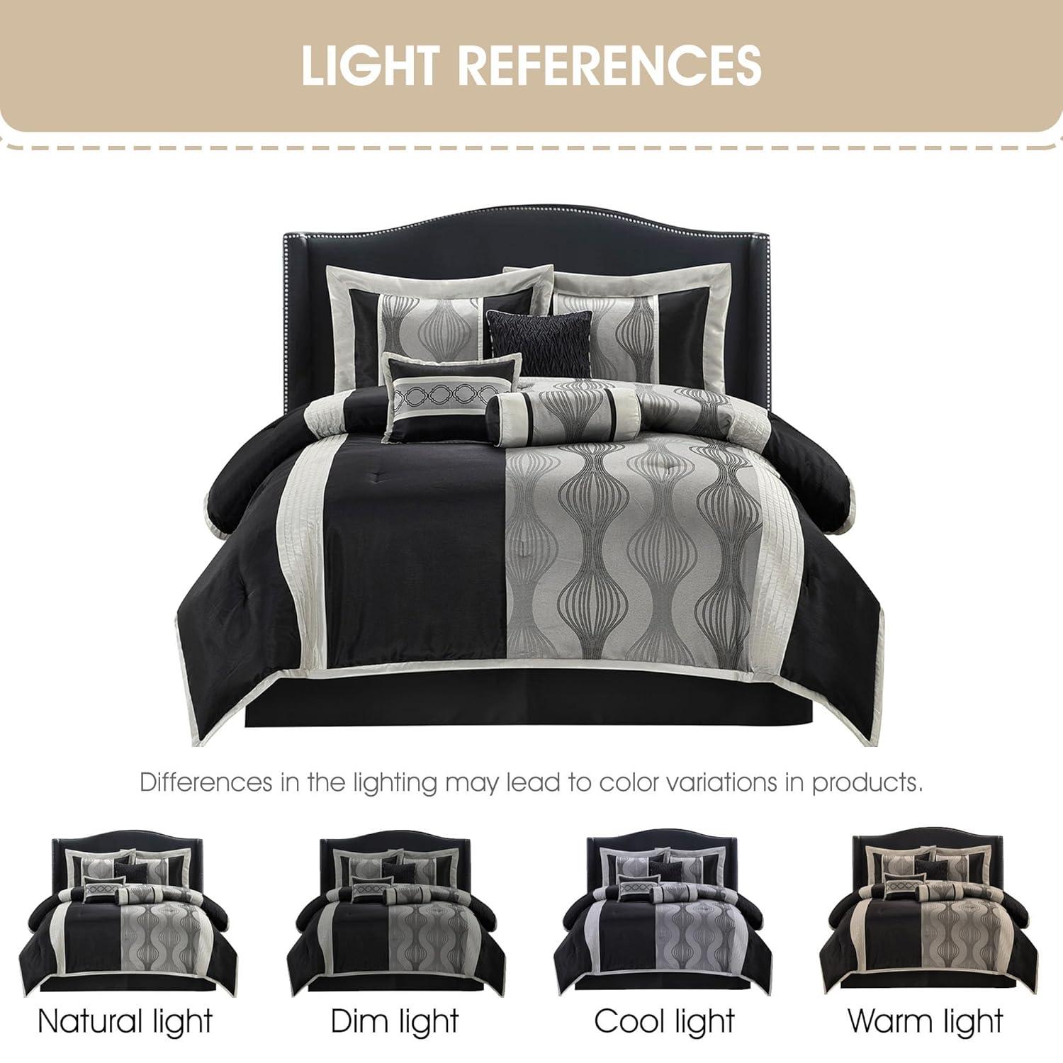 Lanco Black and Silver Comforter Set Queen Size, 7 Pieces Bedding & Collection, Jacquard All Season Comforter & Pillows, Ultra-Soft Microfiber