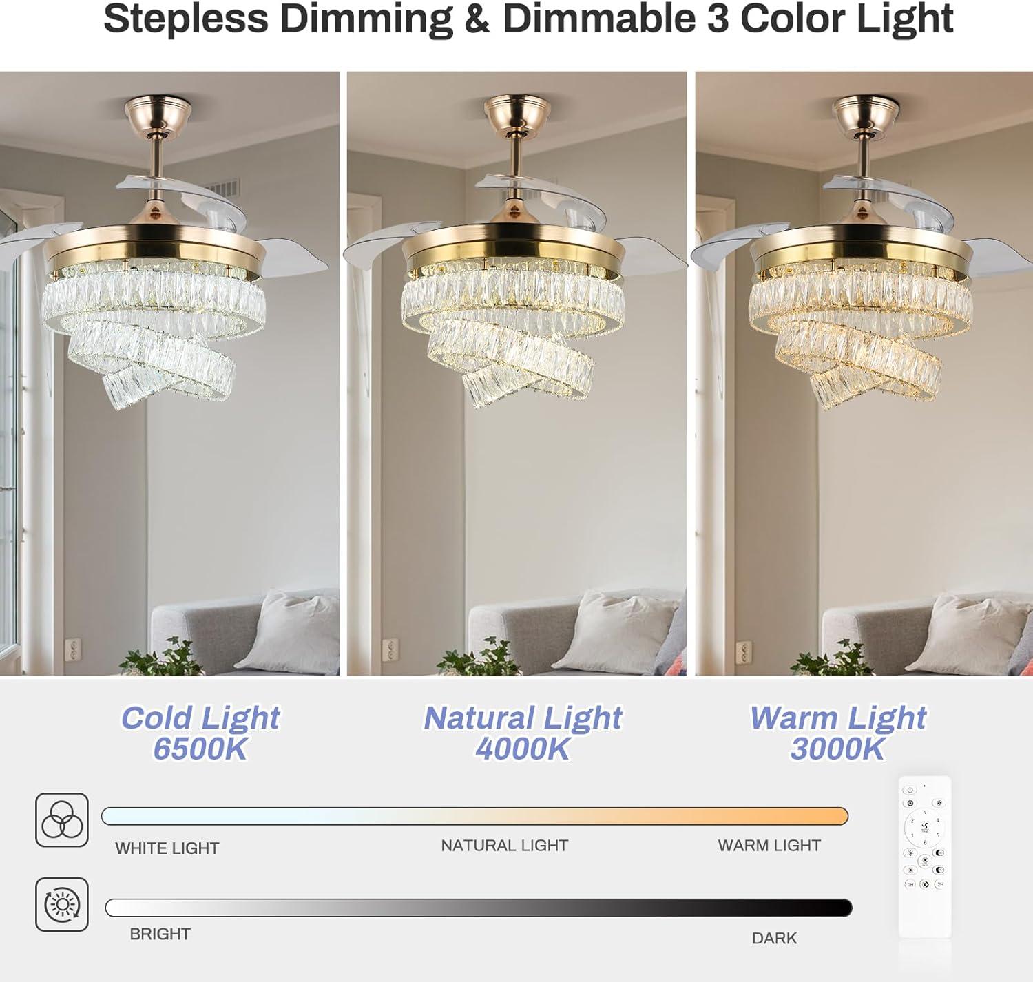 HOOMEDELIER 42" Chandelier Ceiling Fan with Remote, Crystal Beads Framed Fan with 4 Retractable Blades Smart Indoor Fandelier Fan