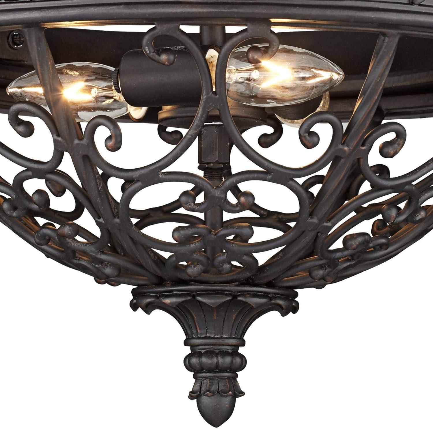 Franklin Iron Works French Scroll Rustic Farmhouse Ceiling Light Semi Flush Mount Fixture 16 1/2" Wide Rubbed Bronze 3-Light for Bedroom Kitchen House