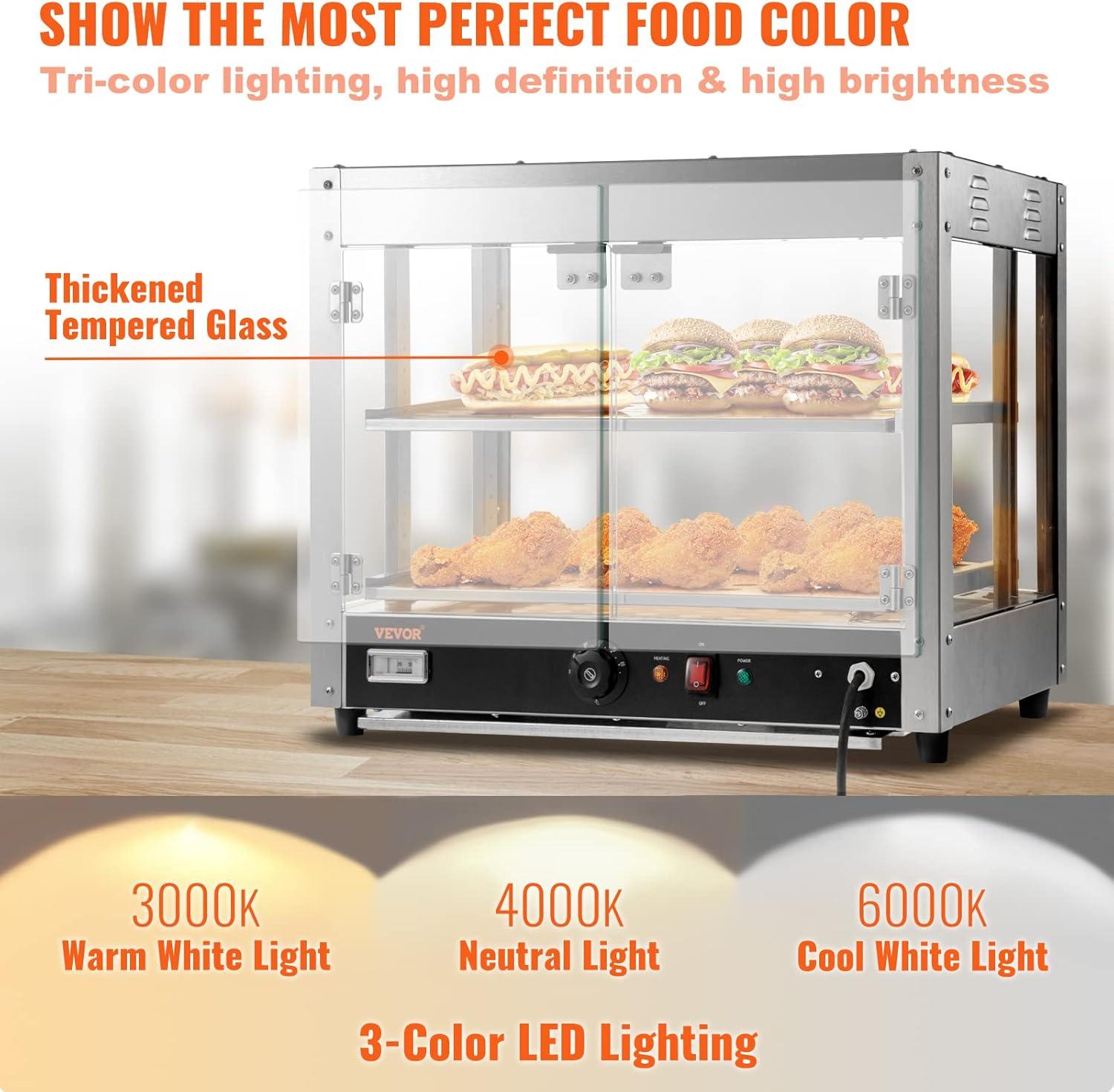 VEVOR 2-Tier Commercial Food Warmer Display - Countertop Pizza Cabinet with Light