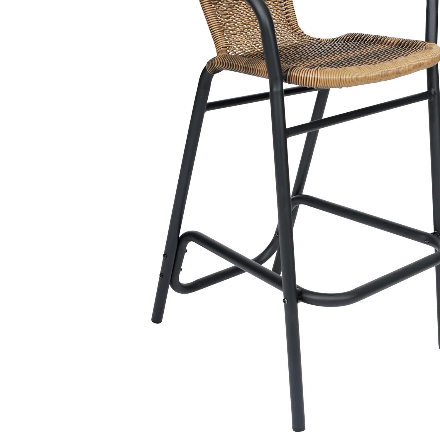 Flash Furniture Lila Set of 2 Commercial Grade Indoor-Outdoor PE Rattan Restaurant Barstool with Black Aluminum Frame and Footrest in Medium Brown