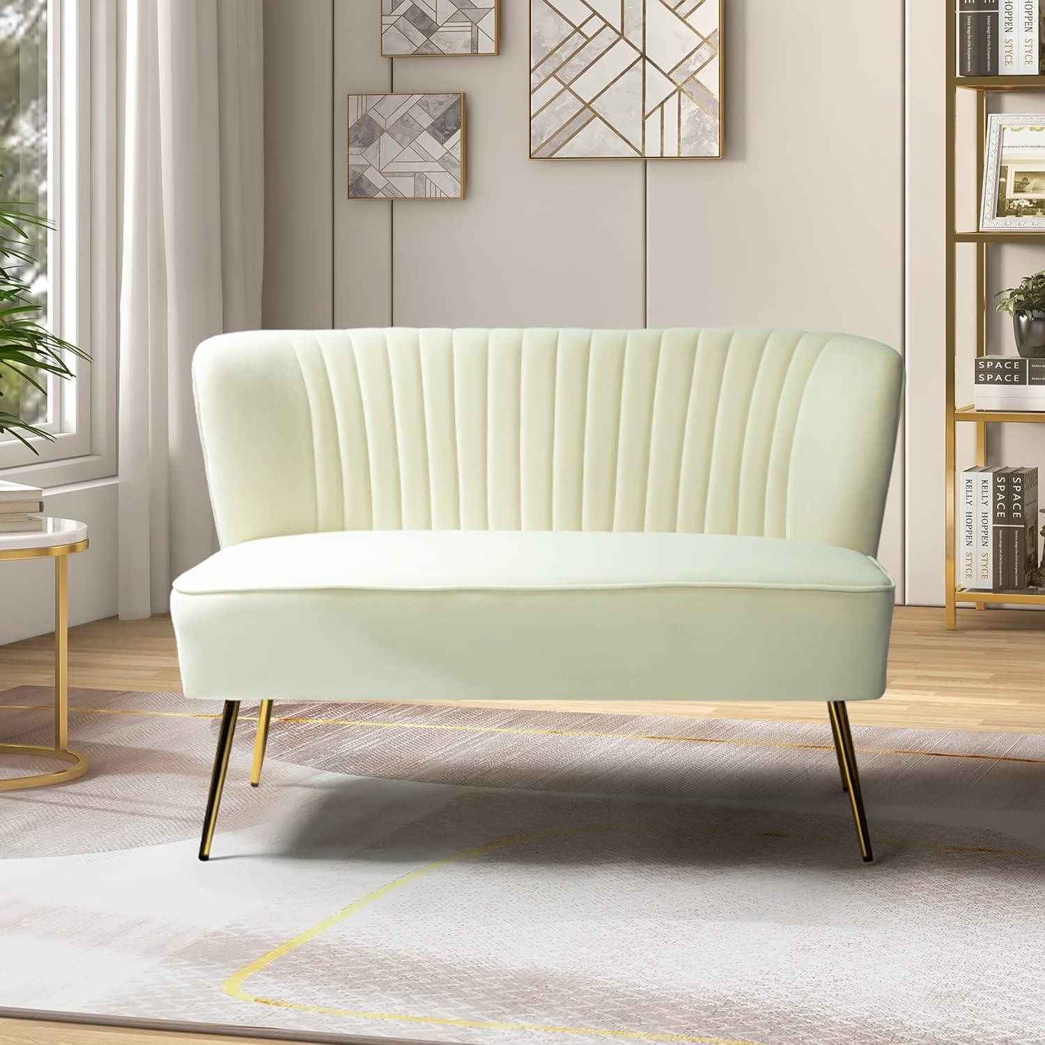 Velvet Sofa 2 Seater Upholstered Loveseat Living Room Chair White Tufted Back Home Bedroom Ivory