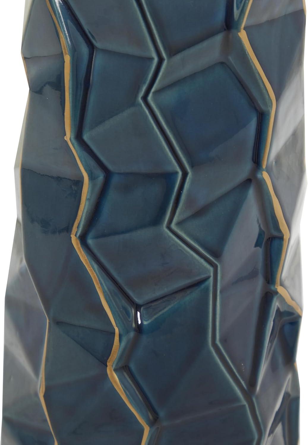 DecMode Blue Ceramic Modern and Coastal Vase 5"W x 15"H, featuring Minimalist Design with clean Lines and Angular Structures