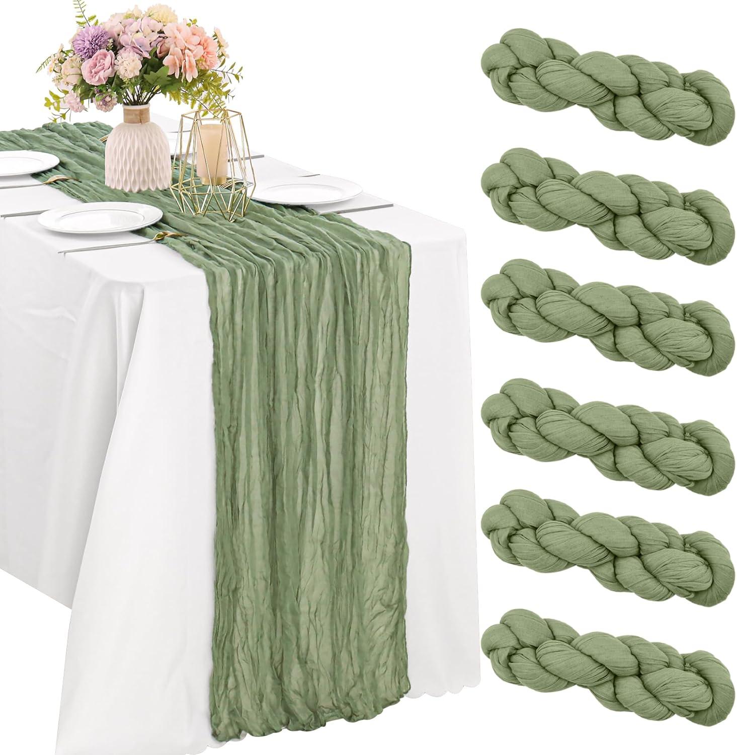 Mint Green Cheesecloth Table Runner 6 Pack 35" Boho Gauze Runner 120 inches Long Tablecloth Runner Rustic Sheer Fabric Bulk for Baby Shower Wedding Bridal Birthday Party Table Decorations