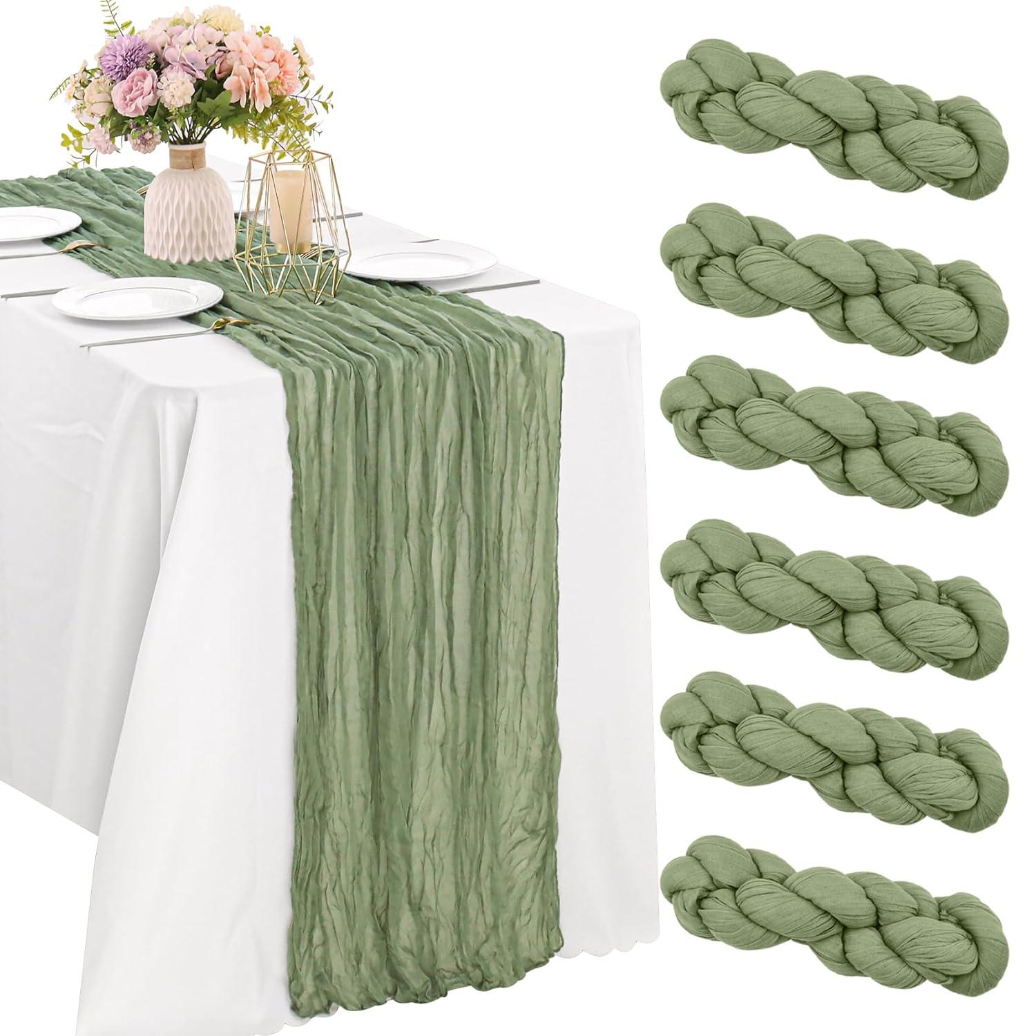 Mint Green Cheesecloth Table Runner 6 Pack 35" Boho Gauze Runner 120 inches Long Tablecloth Runner Rustic Sheer Fabric Bulk for Baby Shower Wedding Bridal Birthday Party Table Decorations
