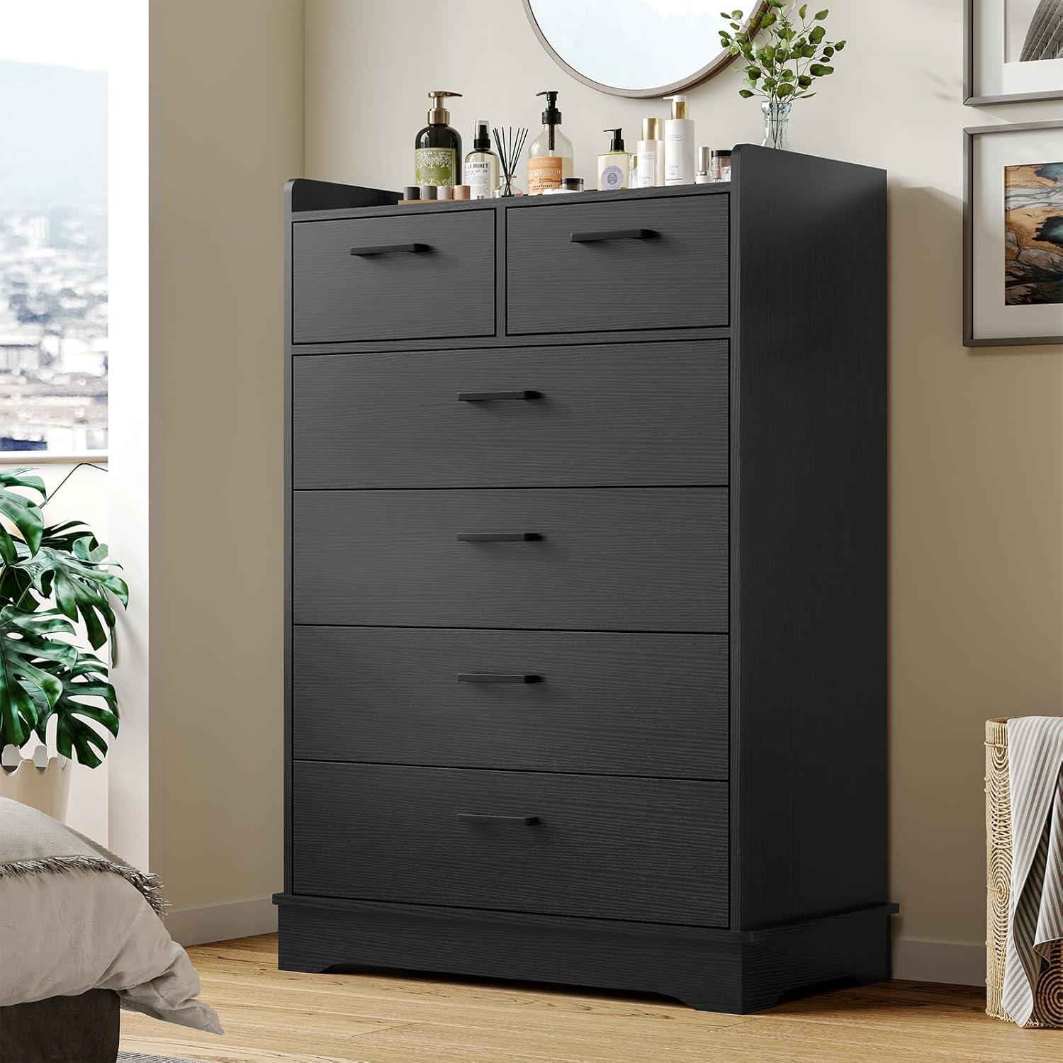 Black Dresser for Bedroom, 6 Drawers Dresser Wood Storage Tower Clothes Organizer, Chest of 6 Drawers, Large Capacity Storage Cabinet, Tall Dresser for Bedroom, Hallway, Entryway