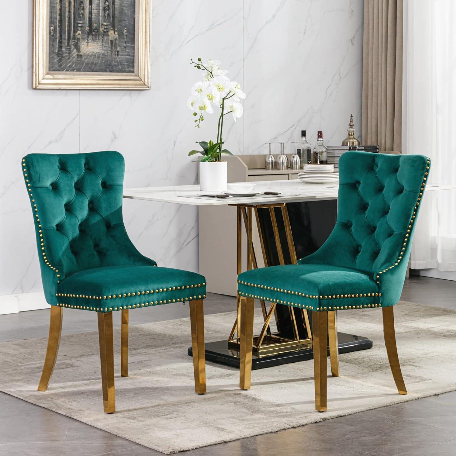 ODUSE-DAILY Green Velvet Dining Chairs Set of 6, Kitchen & Dining Room Chairs, Nailheads Tufted, Sillas De Comedor, Fabric Upholstered, Golden Metal Legs (Green, 6 Pcs)