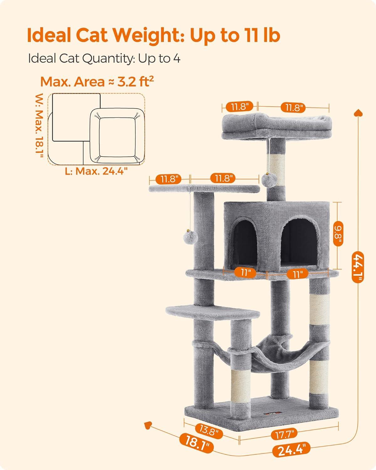 Cat Tree, 44.1" Cat Tower for Indoor Cats, Multi-Level Cat Condo with 4 Scratching Posts, 2 Perches, Hammock, Cave, Light Gray