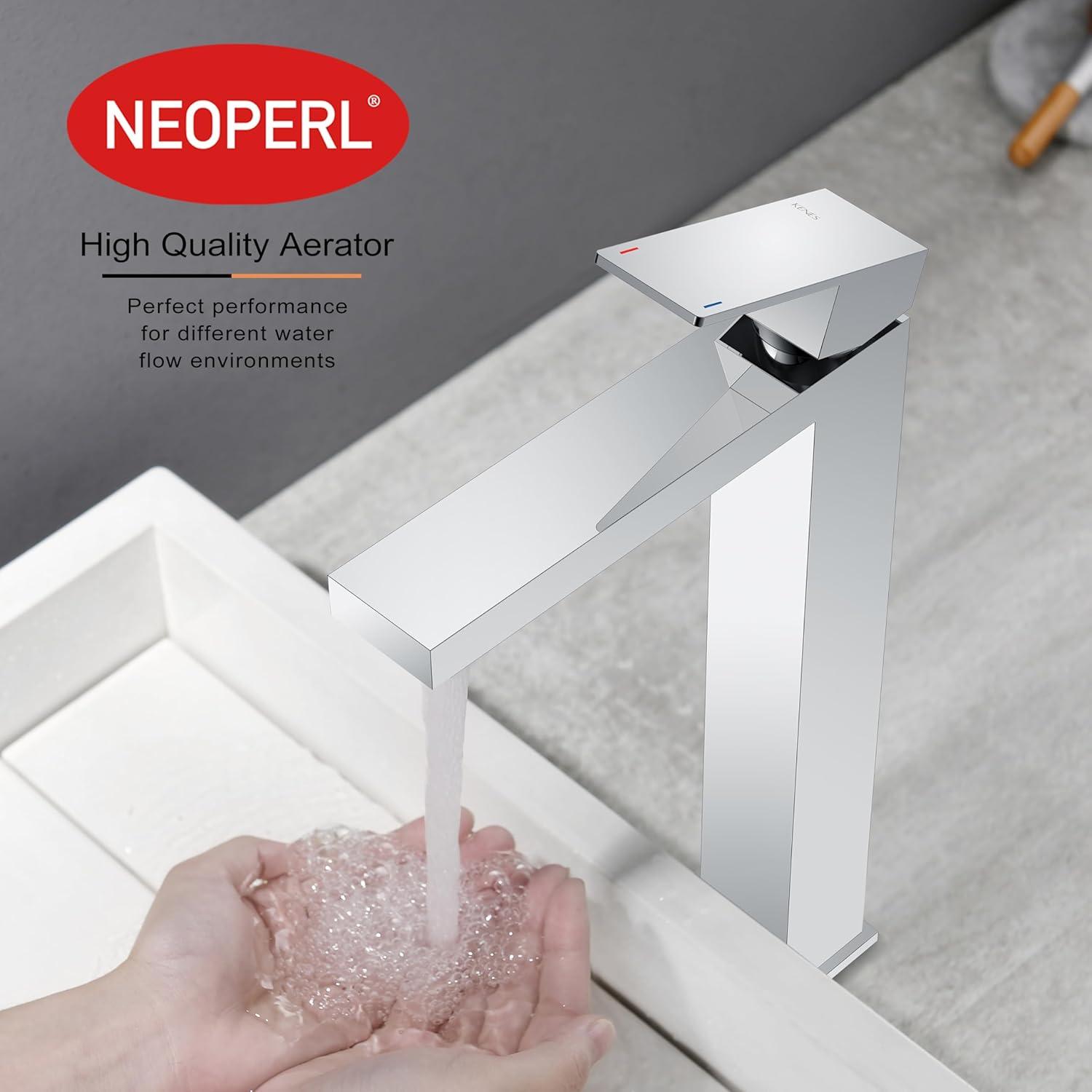 KENES Chrome Bowl Vessel Sink Facuet Single Handle Tall Bathroom Sink Faucet Bathroom Vanity Faucet Basin Mixer Tap with Water Supply Lines and Pop Up Sink Drain, LJ-9031A-5