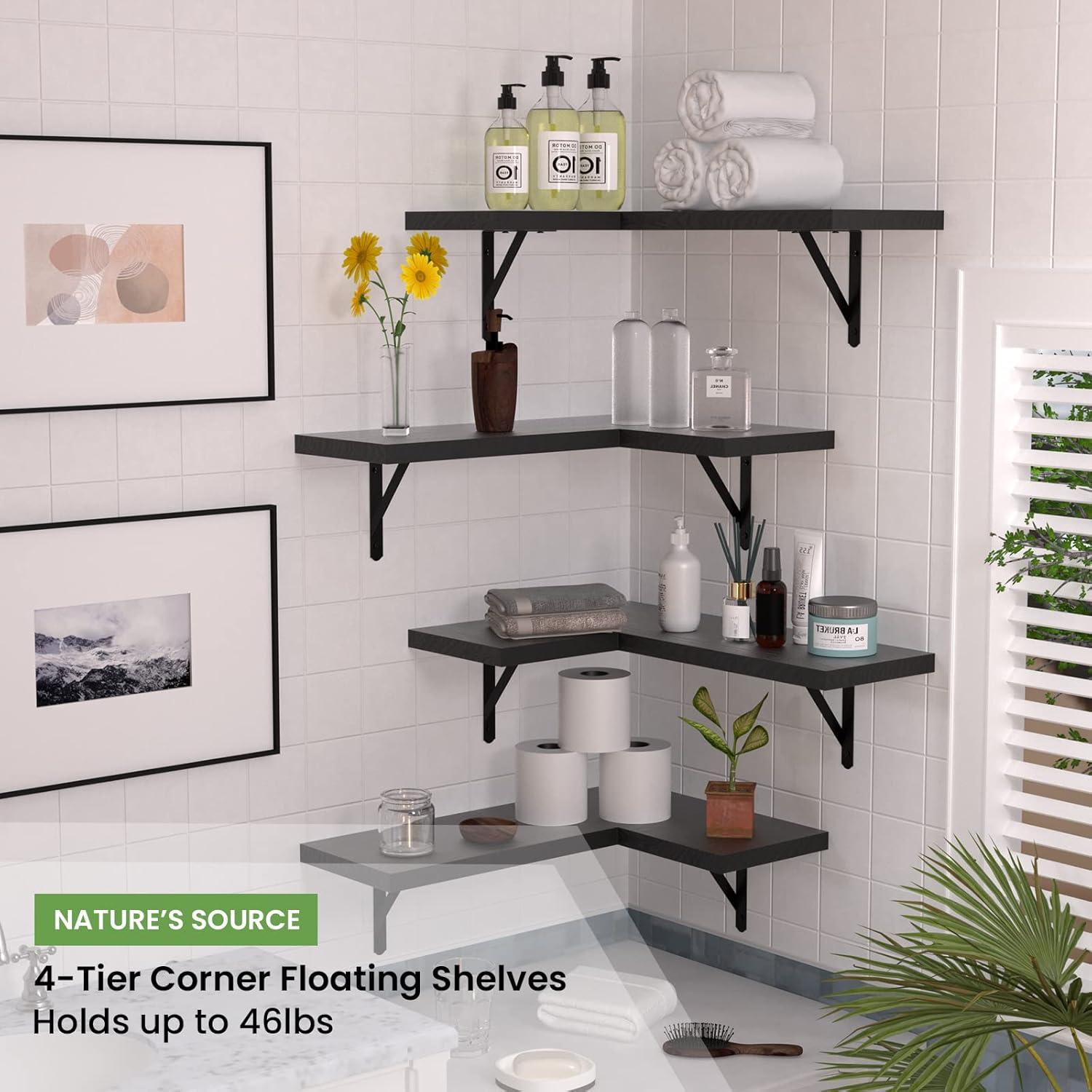 Floating Corner Shelves Set of 4, Corner Shelves Wall Mounted, Floating Shelves for Bedroom Kitchen Living Room Bathroom Office- Gothic Style (Black, Set of 4)