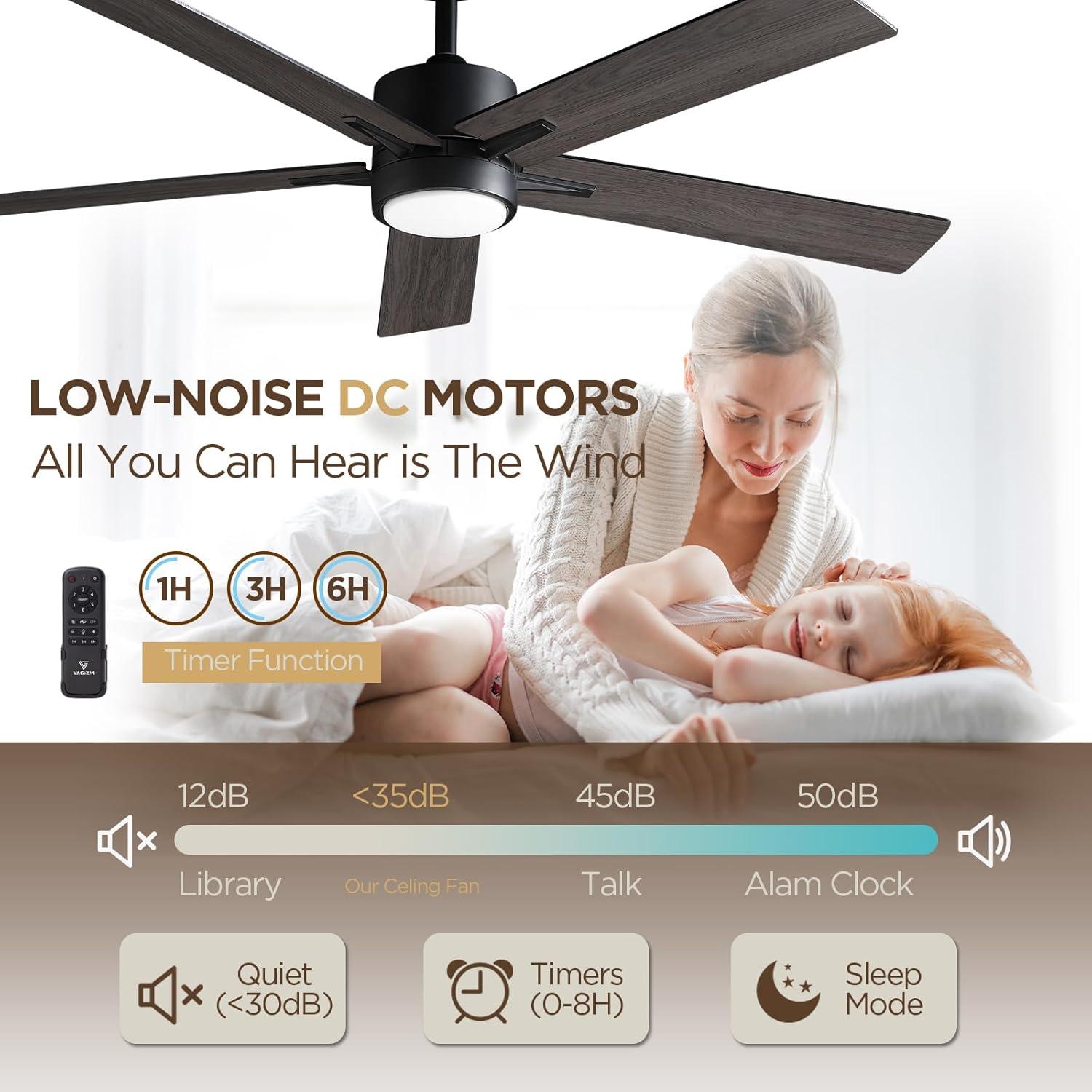 Vagizm Ceiling Fan with Light Remote: 52 inch Modern Bedroom Fans with Dimmable Tri-Color Temperature LED - Quiet Reversible DC Motor - Indoor Outdoor