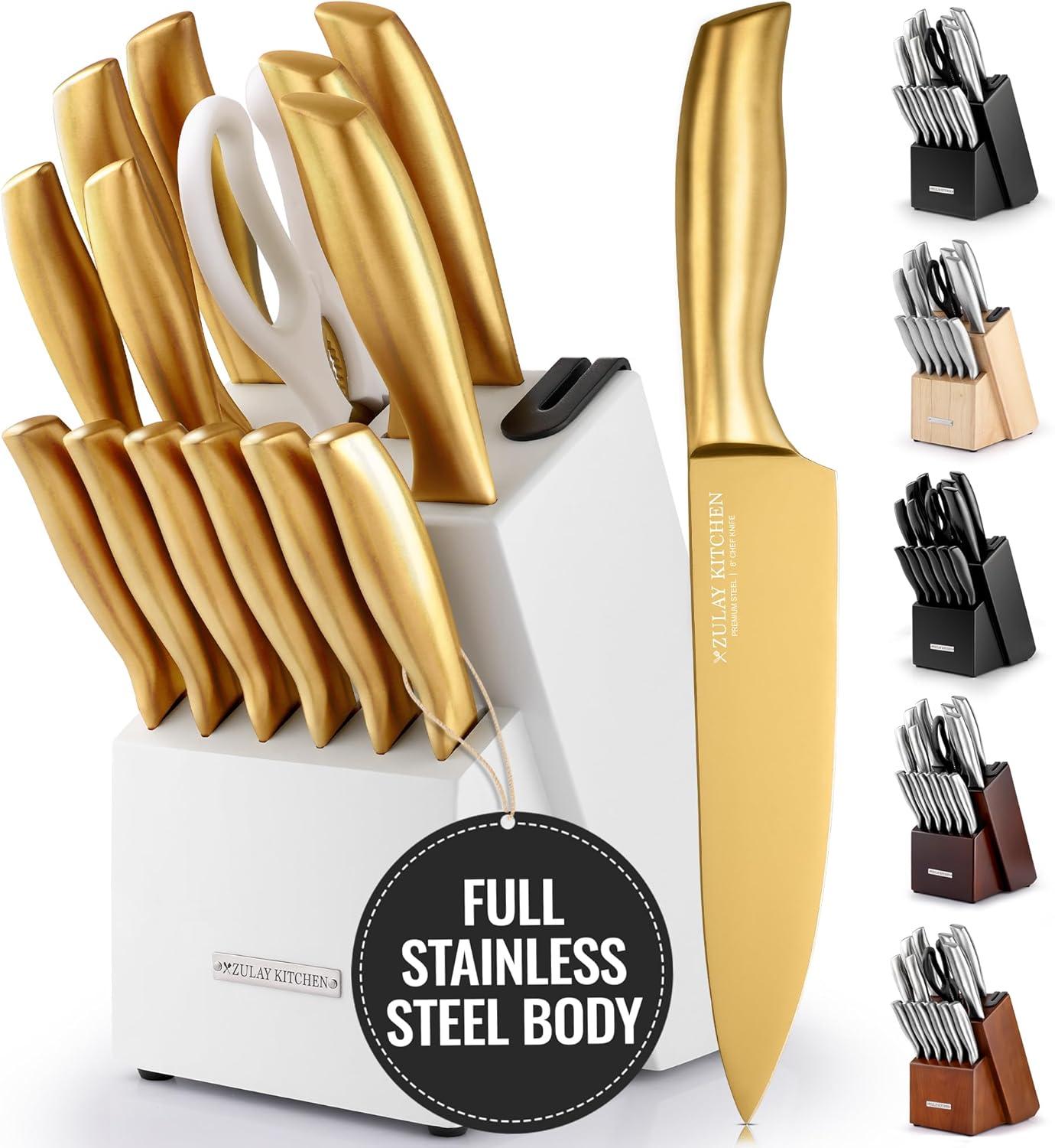 Gold and White 15-Piece Stainless Steel Knife Set with Block