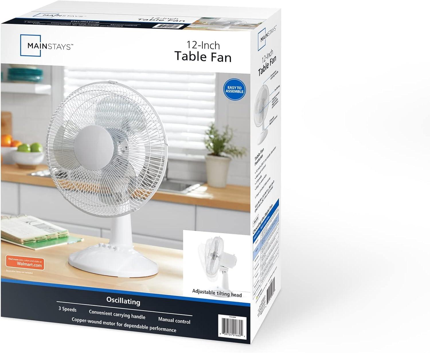 Mainstays 12" 3-Speed Oscillating Table Fan, FT30-8MBW, New, White