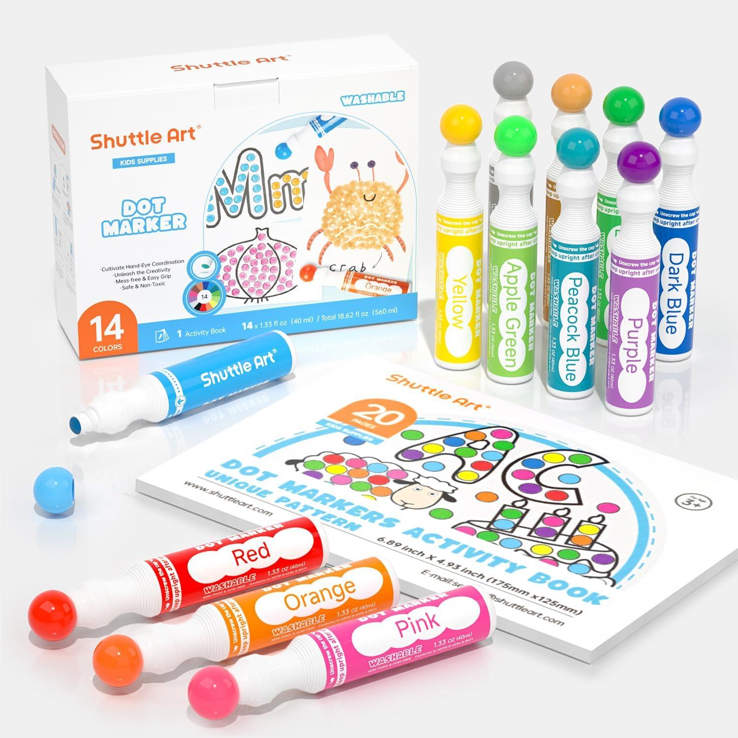 Shuttle Art Dot Markers, 14 Colors Bingo Daubers with 20 Unique Patterns of Dot Book for Art Activities, Non-Toxic Washable Coloring Markers