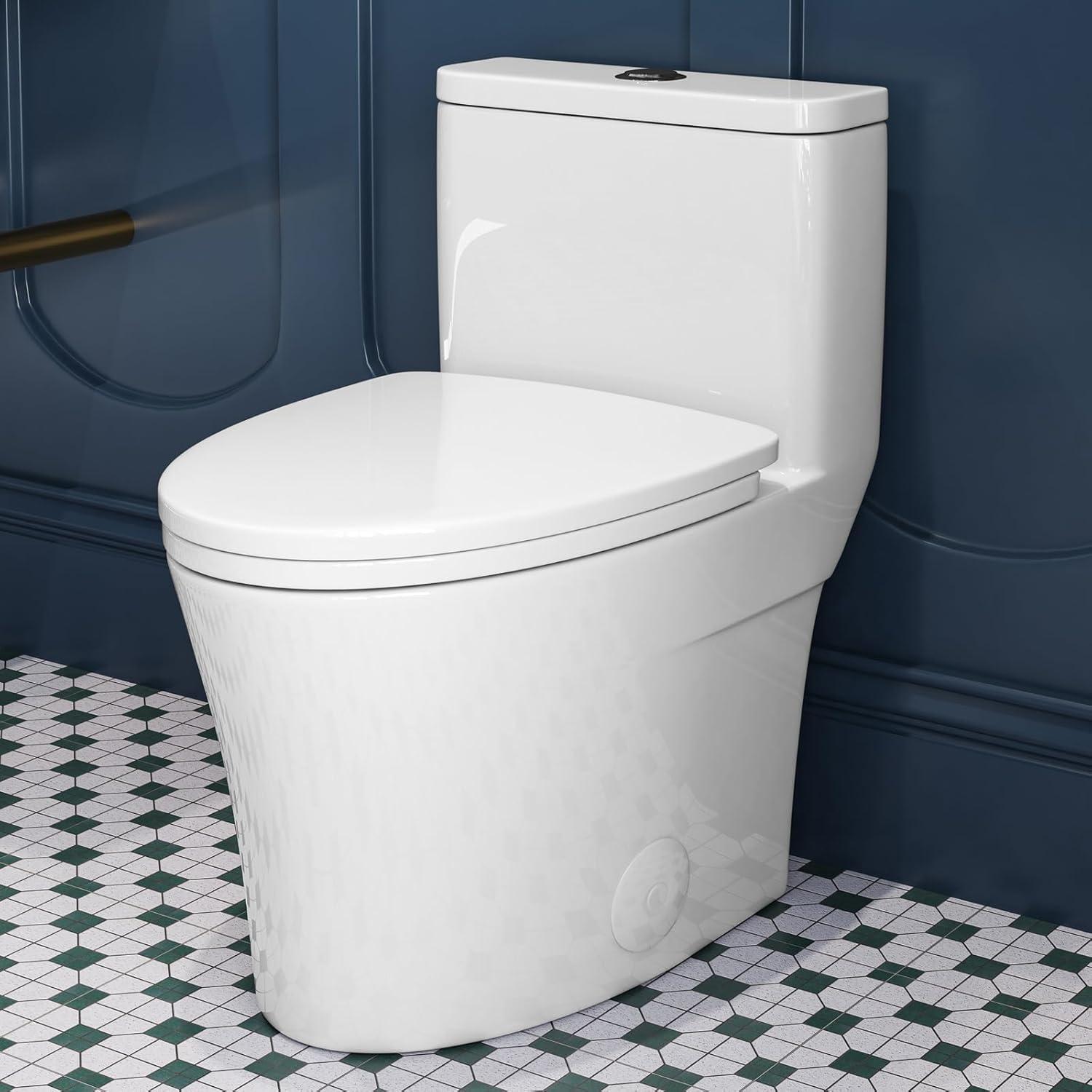 Elongated One-Piece Toilet, Compact Toilet with Soft-Close Seat, 1.1/1.6 GPF Powerful Dual-Flush Toilet for Bathroom
