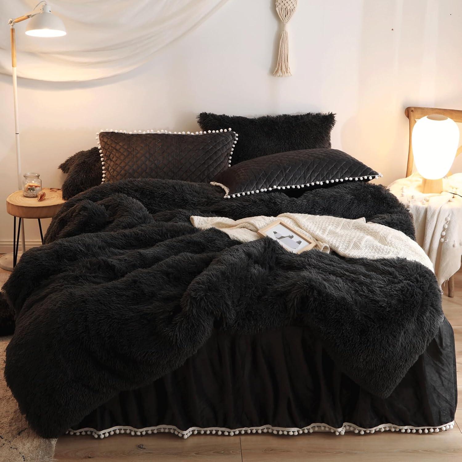Plush Black Comforter Cover Queen Set, Soft Faux Fur Fluffy Black Bedding Queen Set 3 Pieces (1 Fuzzy Duvet Cover + 2 Furry Pillow Cases) Shaggy Bed Set, Zipper Closure