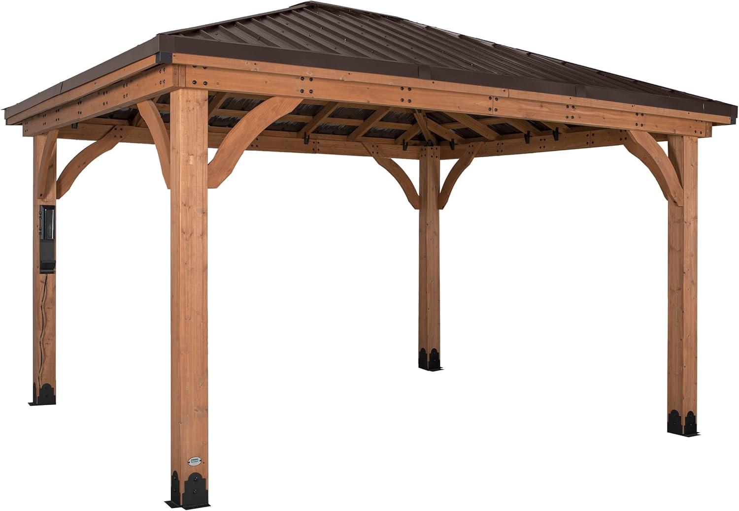 Backyard Discovery Backyard Discovery Barrington 14' x 12' Cedar Wood Outdoor Patio Gazebo with Hardtop Galvanized Steel Hip Roof and PowerPort