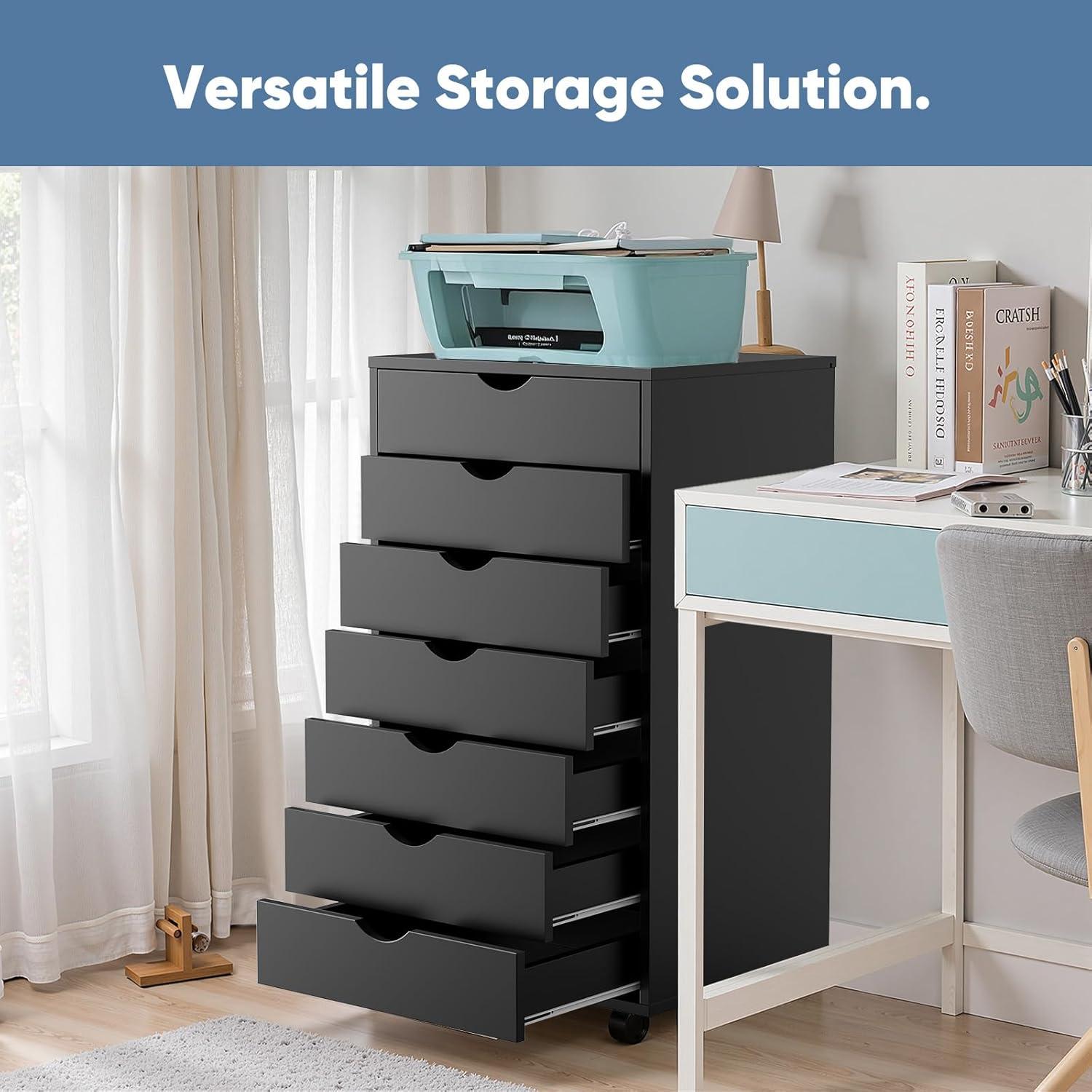 HeSLehs 7-Drawer Organizer, Tall Chest of Drawers with Caster Wheels, Alex Drawers File for Home Office, White