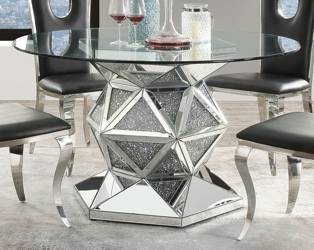 Contemporary 52" Round Wood & Glass Dining Table with Mirrored Pedestal