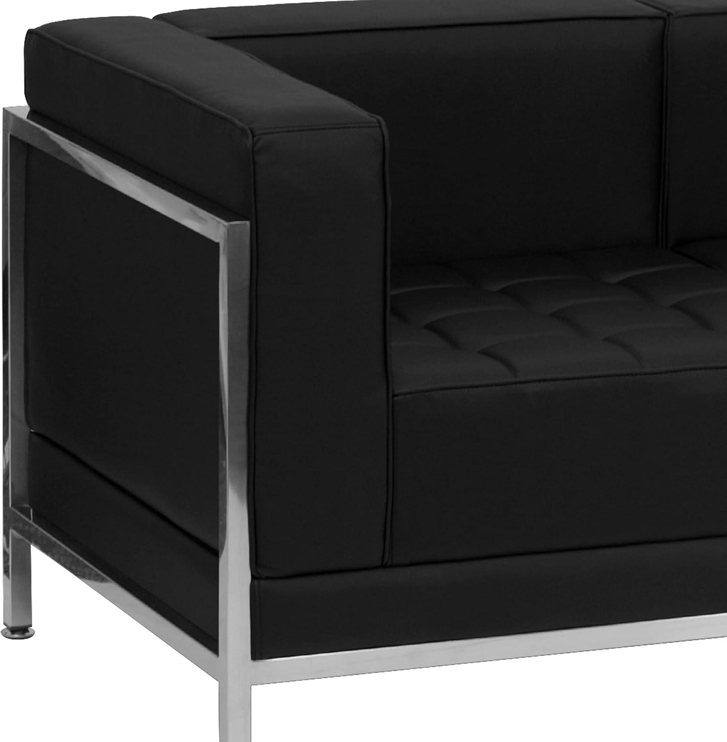 Black Tufted Leather Reception Loveseat with Metal Frame