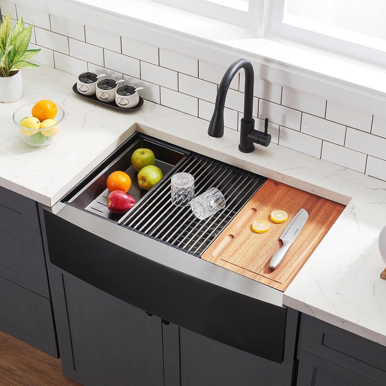 Black Farmhouse Sink 33 Inch - VALISY 33x22 Apron Front Farmhouse Kitchen Sink 16 Gauge Stainless Steel Undermount Ledge Workstation Deep Single Bowl Luxury Rustic Farm Sink with All Accessories