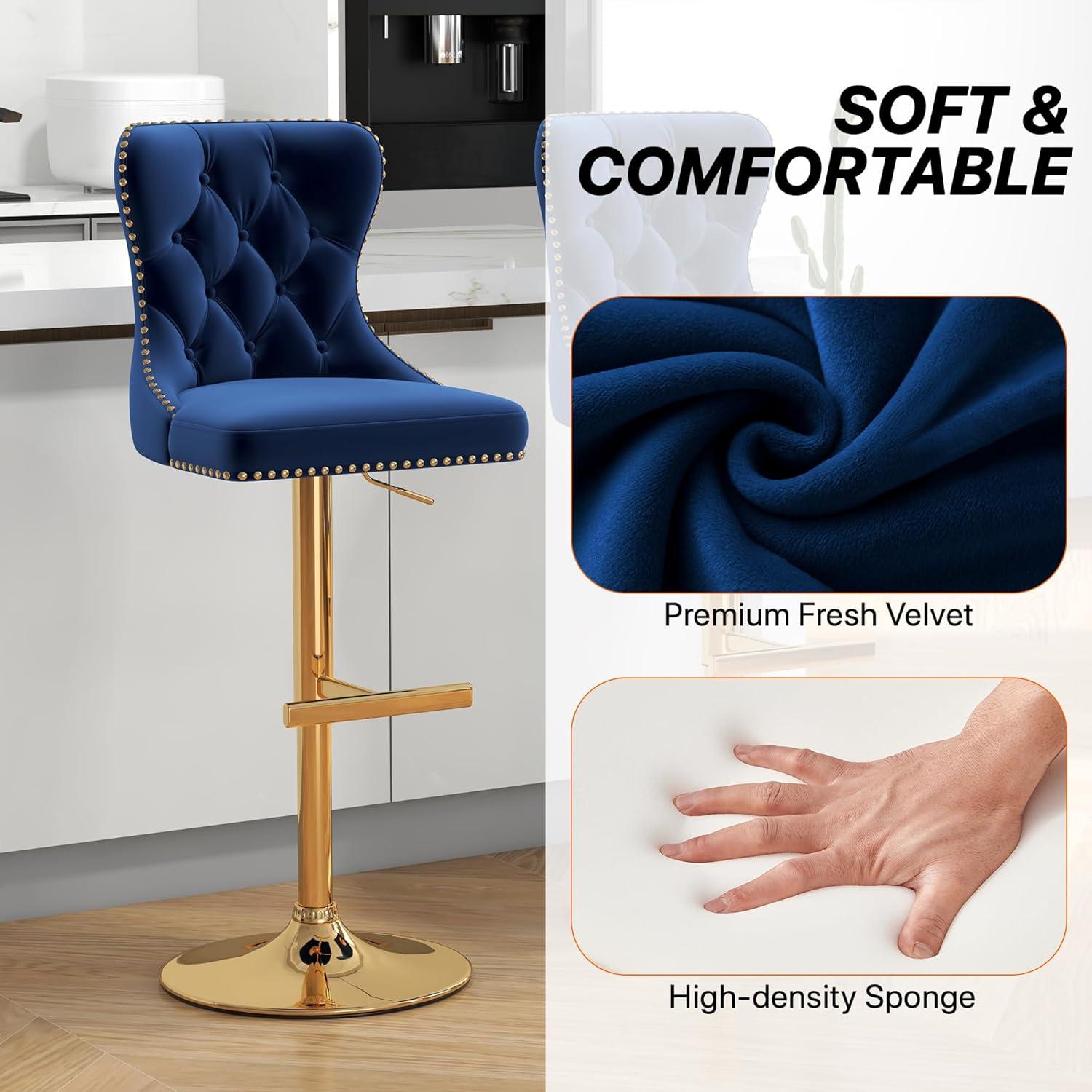 Sesslife Bar Stools with Back Set of 2, 360° Swivel Upholstered Thickened Velvet Fabric High Barstool with Golden Nail Trim, Adjustable Seat Height, Counter Height Bar Chairs for Kitchen Island, Blue