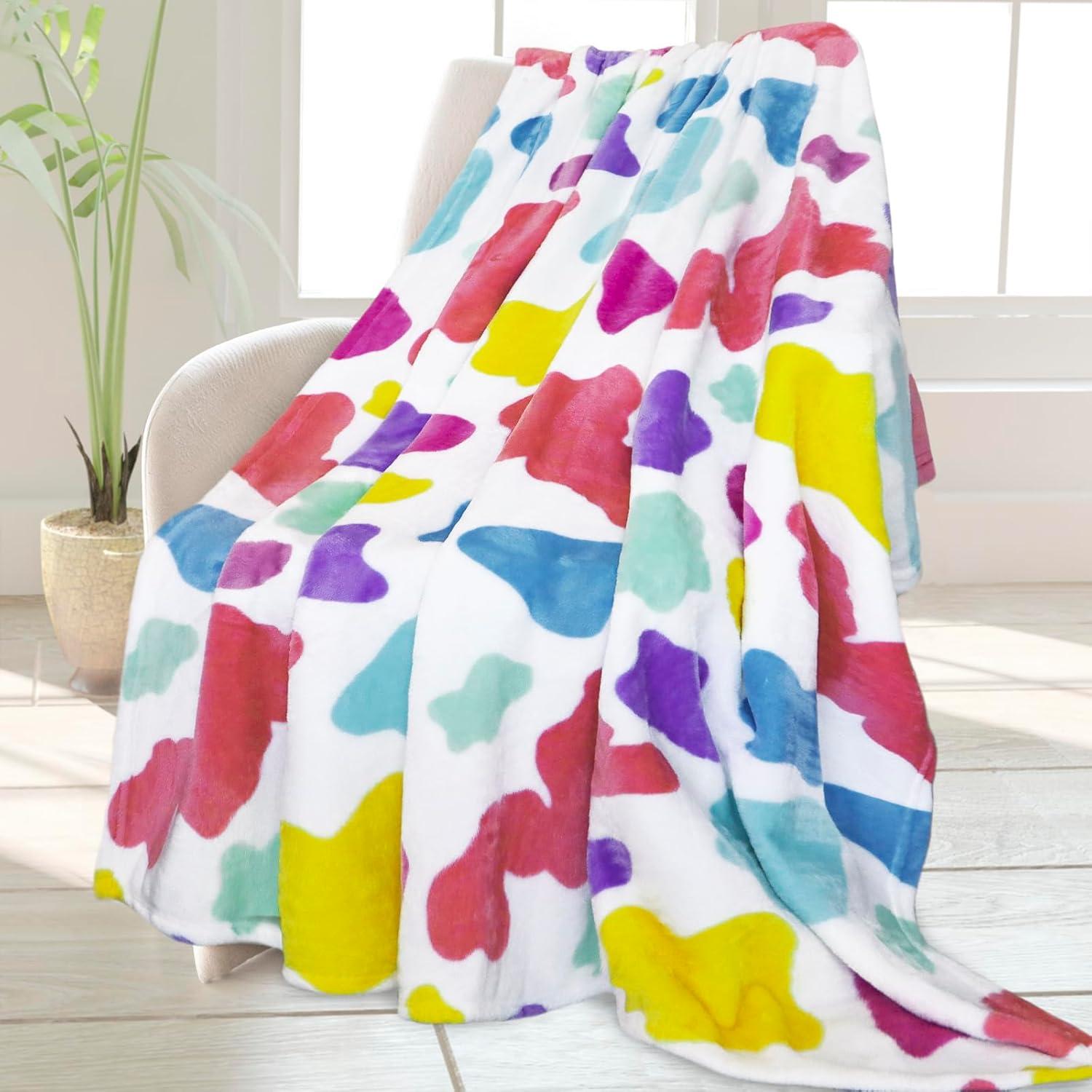 Colorful Cow Print Fleece Throw Blanket for Girls