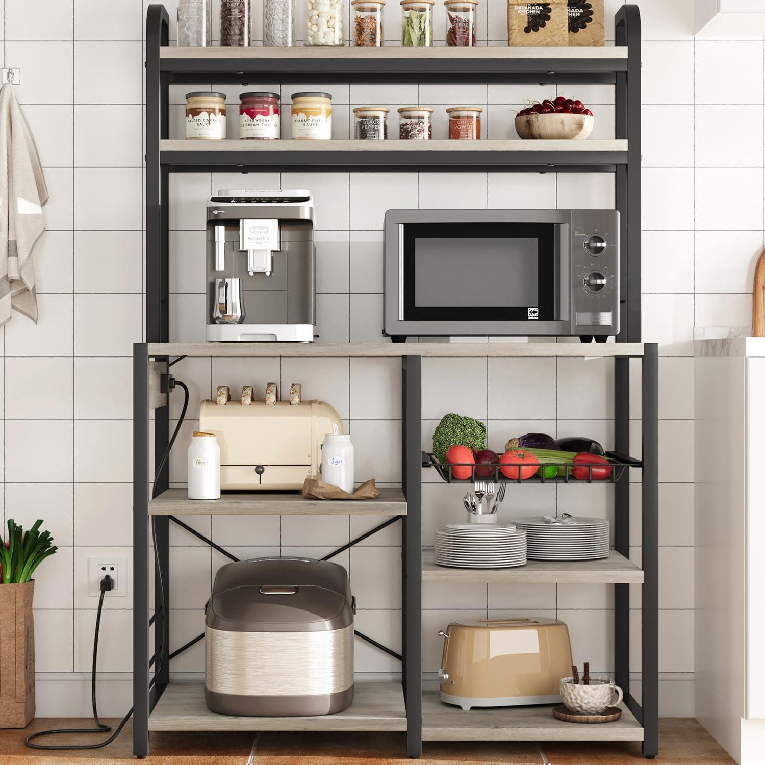 Retro Gray 6-Tier Adjustable Bakers Rack with Power Outlet