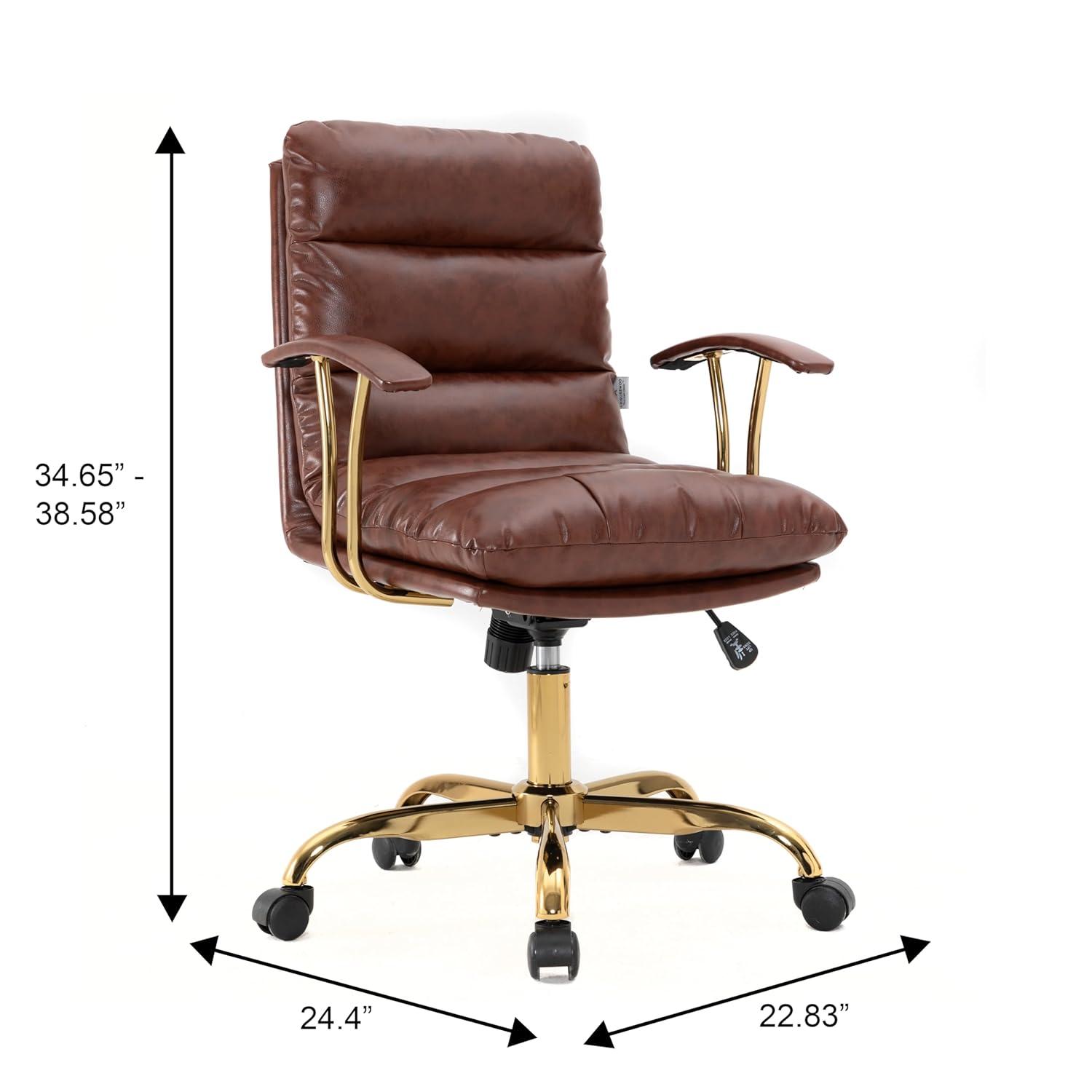 LeisureMod Regina Single Ergonomic Padded Leather Lumbar Support Adjustable Height Swivel Executive Office Chair with Gold Steel Frame
