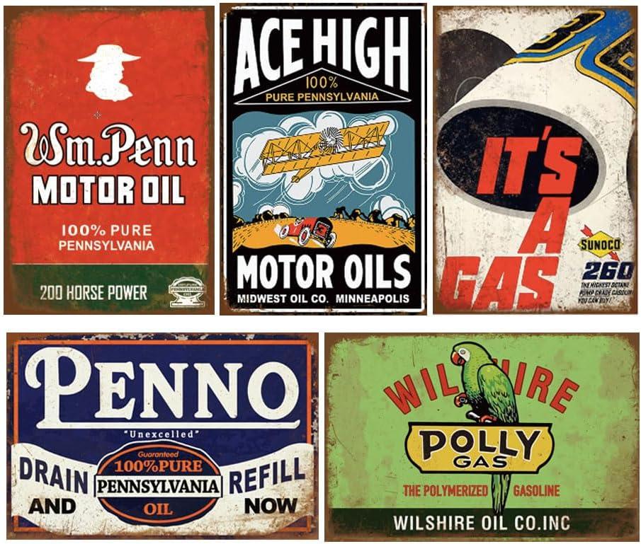 Reproduced Vintage Tin Sign Pack, Gas Oil Retro Advert Antique Metal Signs for Garage Man Cave Bar Kitchen, Nostalgic Car Decor, 8x12 Inch (35 Pieces A)