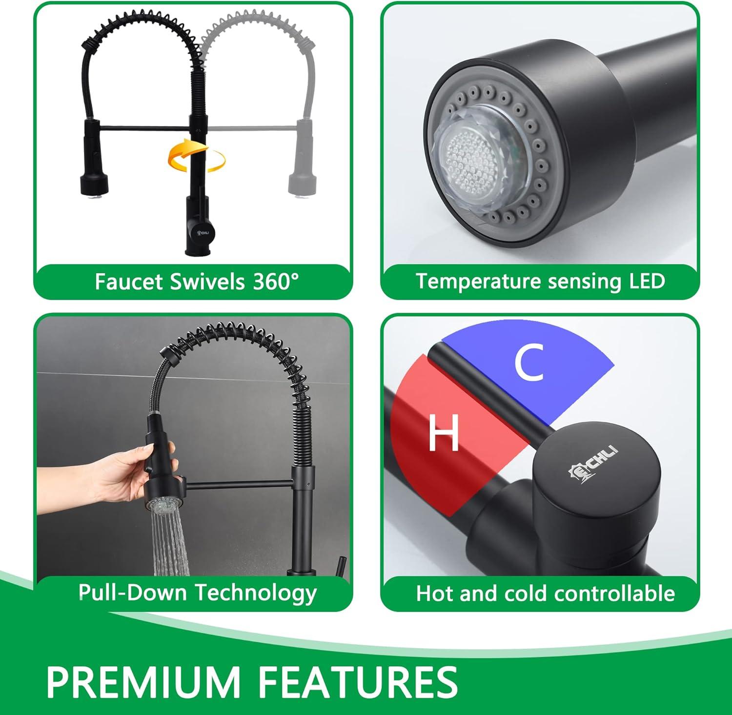 Kitchen Sink Faucet, Pull Down Spring Single Handle Stainless Steel Faucet with Sprayer with LED Light for bar Laundry and Utility Sink faucets (Matte Black)