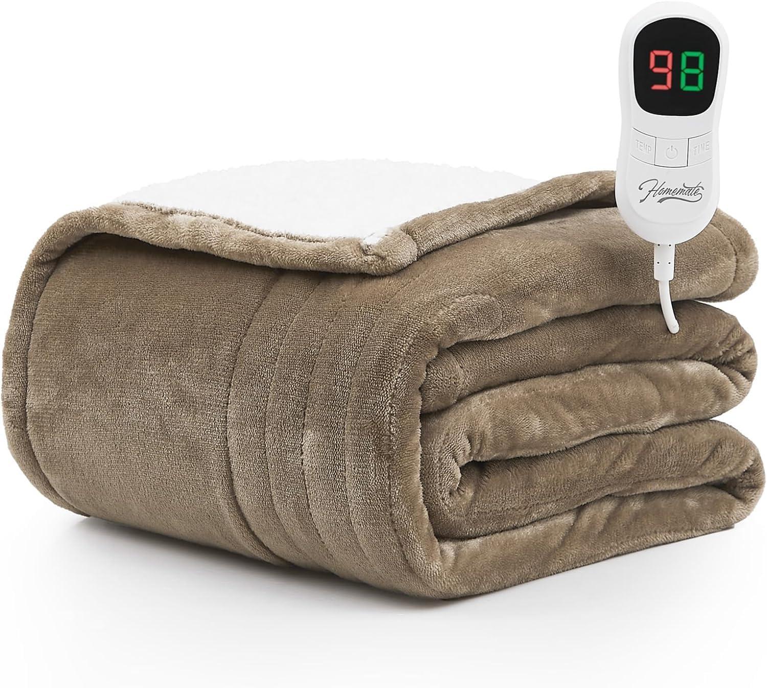 Beige 50"x60" Sherpa and Flannel Electric Heated Blanket