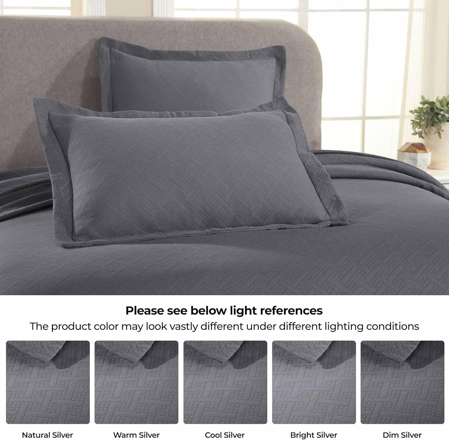 Superior Basketweave Cotton Decorative Bedspread and Sham Set, Queen, Gray